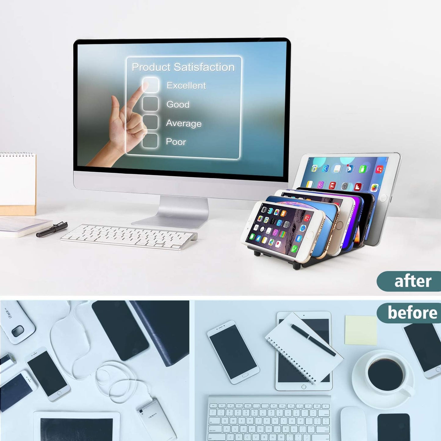 Adjustable Universal Multi Device Organizer Dock Stand Holder, Tablet Cell Phone Desktop Stand for iPhone Samsung Galaxy Google Nexus Kindle (Black)- No Charging Port