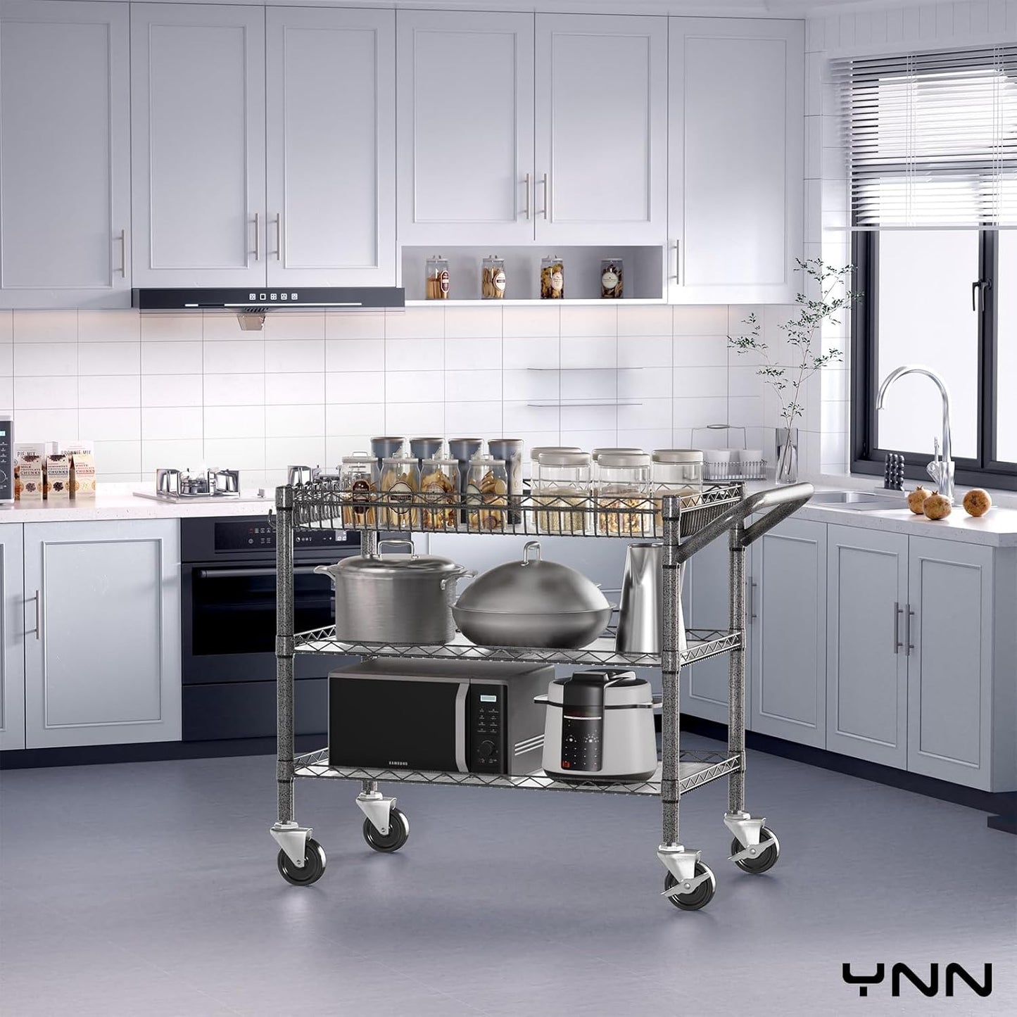 YNN Utility Rolling Cart,990Lbs 3 Tier Heavy Duty Metal Cart with Wheels & Handle NSF Wheeled Cart 31" D x 18" W x 33" H for Bedroom, Bathroom, Kitchen,Garden,Decor,Serving