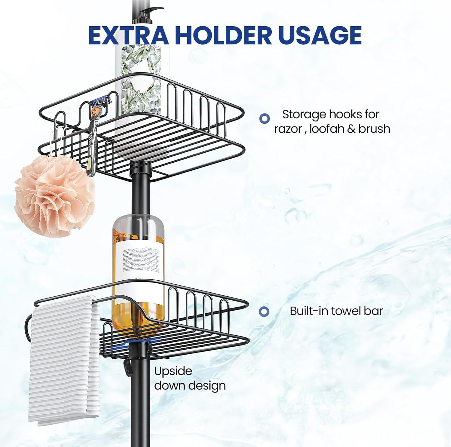 SEIRIONE Rustproof Shower Caddy and Organizer Corner for Bathroom, Tension Pole With 4 Adjustable Baskets for Shower Accessories, 34 to 116 Inch Height, Black