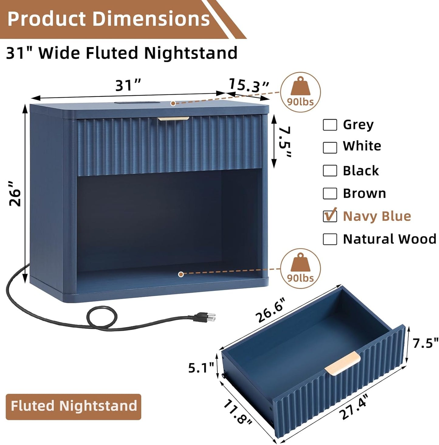 LEYAOYAO 31" Wide Fluted Nightstand Set of 2 with Charging Station, Oversized Extra Large 1 Drawer Night Stand with Golden Handle, Blue Wood Bedside Table Tall End Tables,for Bedroom, Living Room