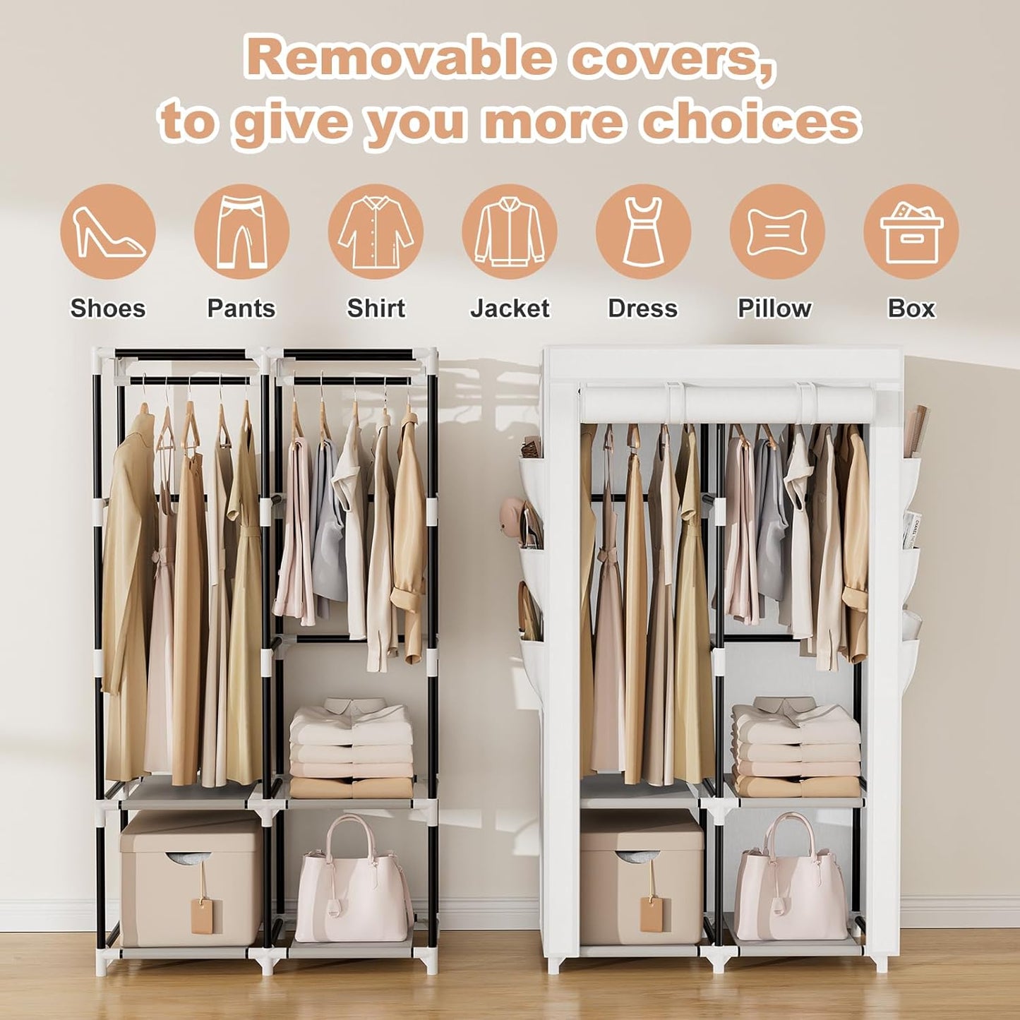 VTRIN Portable Closet Wardrobe Closet for Hanging Clothes with 4 Storage Shelves, 2 Hanging Rods and 6 Pockets, Stable and Easy Assembly Clothes Rack with Cover Free Standing Closet White