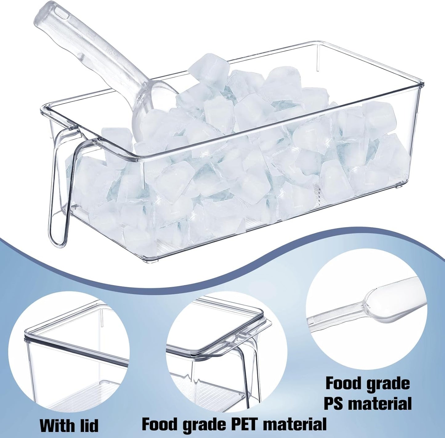 Havawish 4 Pcs Ice Storage Bin for Freezer with Lid and Flexible Scoop Set Plastic Ice Container with Lid Handle for Home Office Fridge Storage (12.4 x 5.91 x 3.94 Inches,Clear)