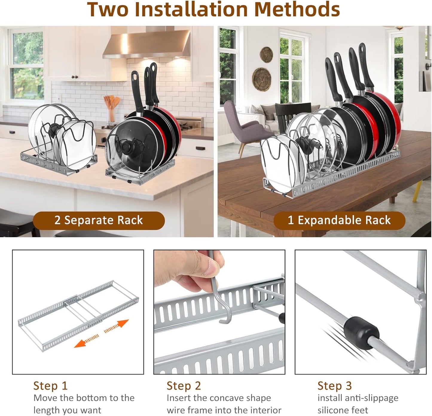 ROOHUA Pot Rack Organizer -Expandable Pot and Pan Organizer for Cabinet,Pot Lid Organizer Holder with 10 Adjustable Compartment for Kitchen Cabinet Cookware Baking Frying Rack