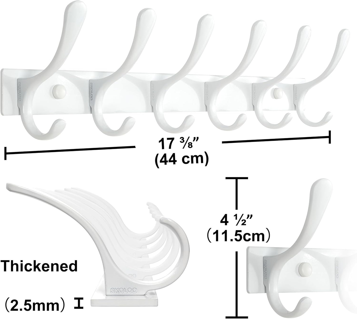 SKOLOO Heavy Duty Wall Mounted Coat Rack - 6 Hooks, Stainless Steel, Pack of 2, Sturdy Coat Hooks for Hanging Clothes, Jacket, Hat, White