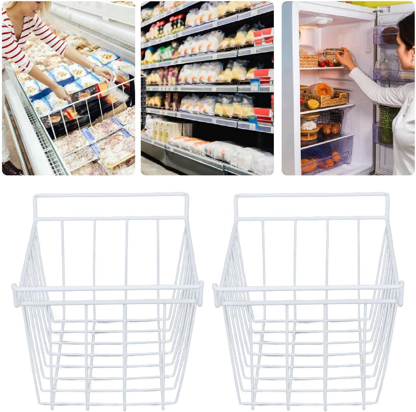 2PCS Freezer Organizer Bins, Steel Wire Freezer Basket with Handles Multifunctional Organizer Bin Stackable Metal Wire Baskets for Cabinet, Pantry, Closet (White)