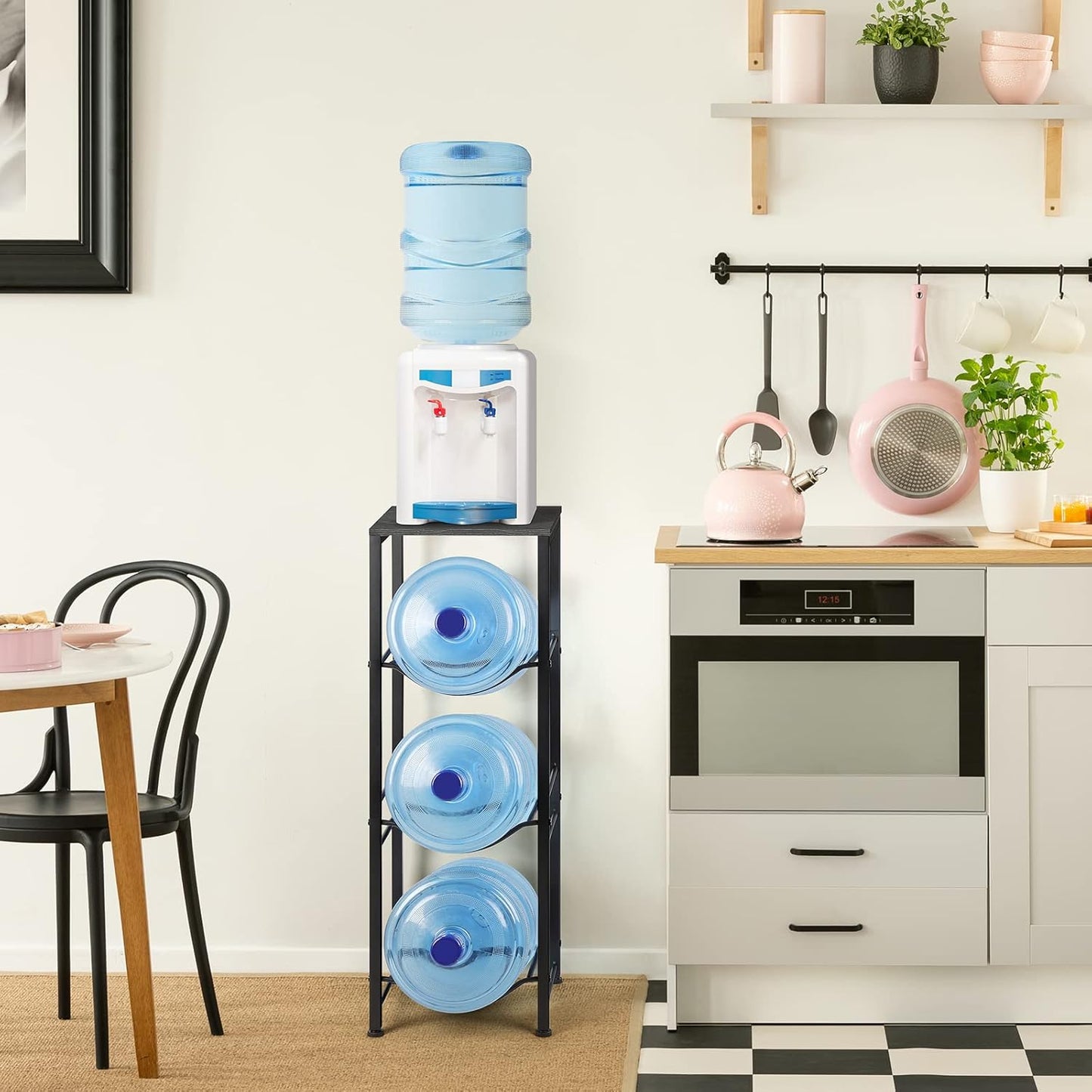 OYEAL Water Bottle Holder Organizer 5 Gallon Water Jug Stand with Shelves, 3-Tier Water Bottle Dispenser Stand for Kitchen Living Room Office, Black