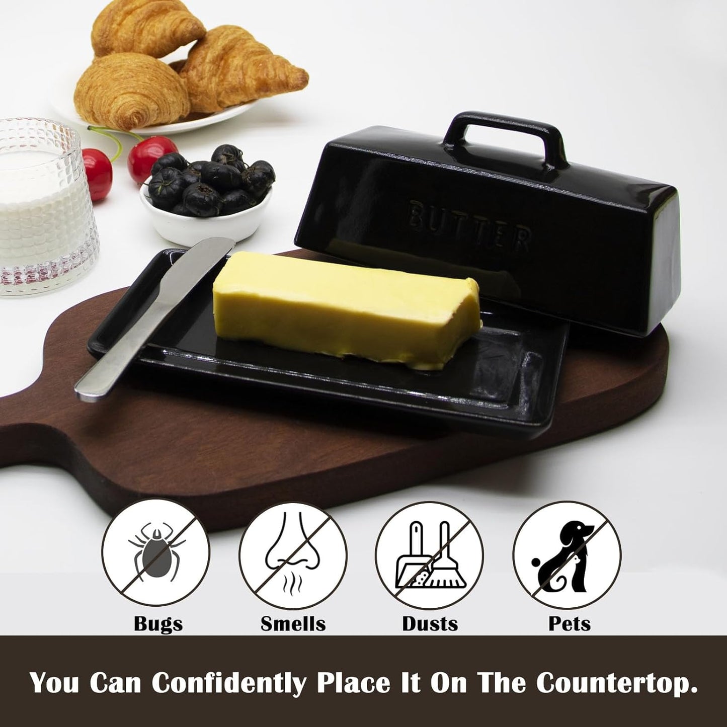 Ceramic Butter Dish With Lid for Countertop, Covered Butter Holder With Lid, Black Butter Container, Butter Tray With Handle