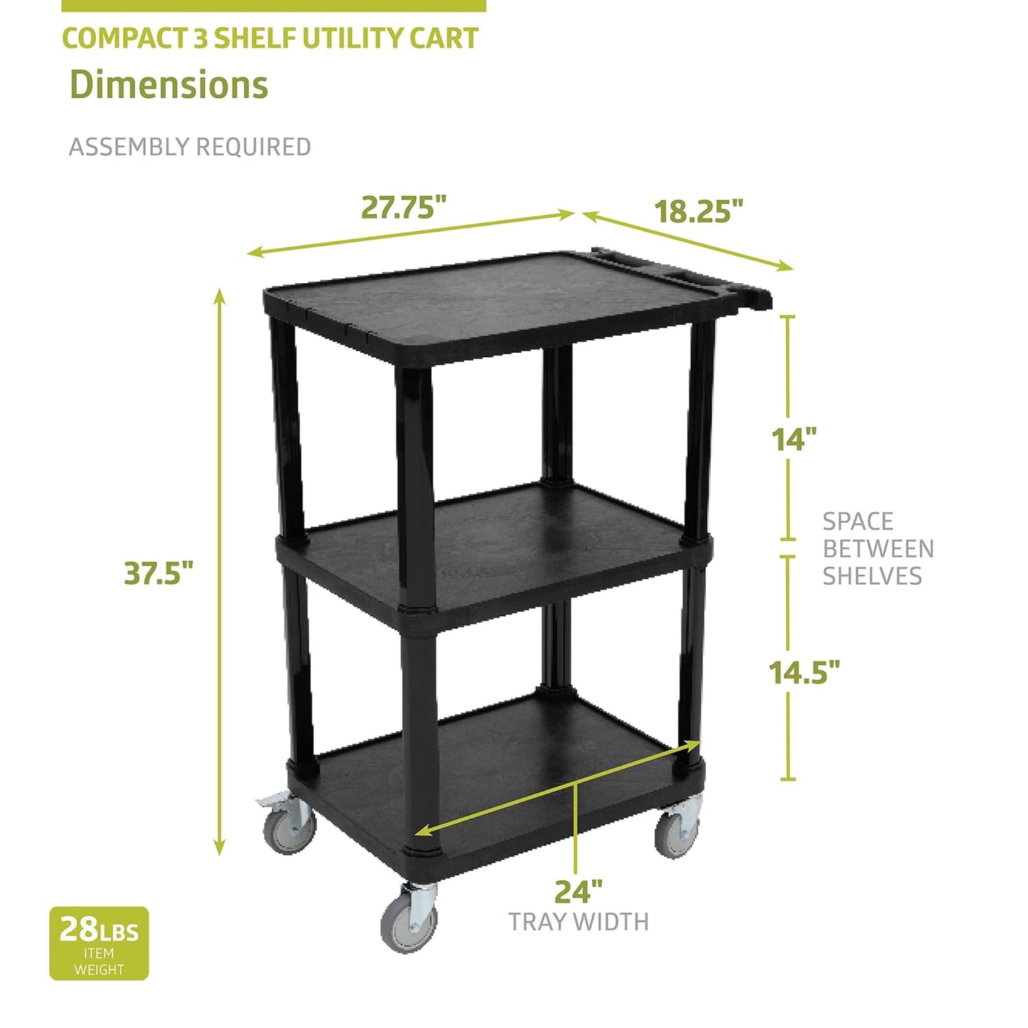 Pearington 3-Tier Compact Multi-Purpose Utility Cart with Lockable Wheels and Ergonomic Handle, Black, 2 Pack