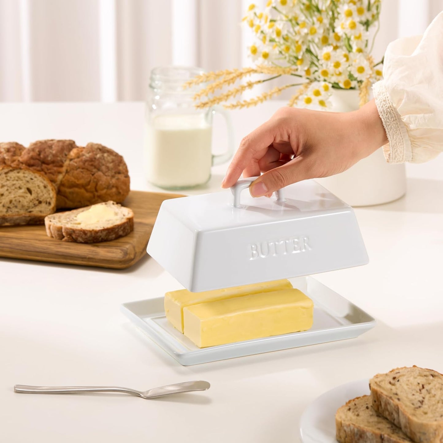 Kook Ceramic Extra Large Butter Dish with Lid, Holds 2 Sticks, Fits East Coast , West Coast, European style and Kerrygold butter, Kitchen Countertop Butter Keeper, Serving Tray with Cover, White