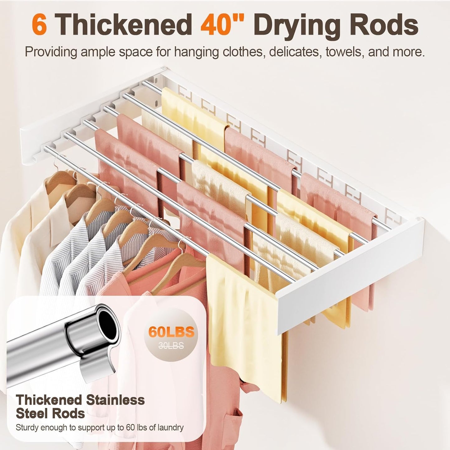 Wall Mounted Clothes Drying Rack Folding Indoor, Foldable Laundry Drying Rack Collapsible,Invisible, Space Saving, Retractable Towel Drying Rack, with Wall Template(6 Drying Rods, White 40")