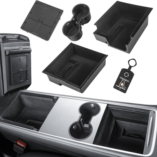 Center Console Organizer for Tesla Model Y 2021-2024 [Upgraded] Flocked Center Console Organizer Tray Armrest Hidden Storage Box Cup Holder Silicone Key Card Holder for Tesla Model 3 2021-2023