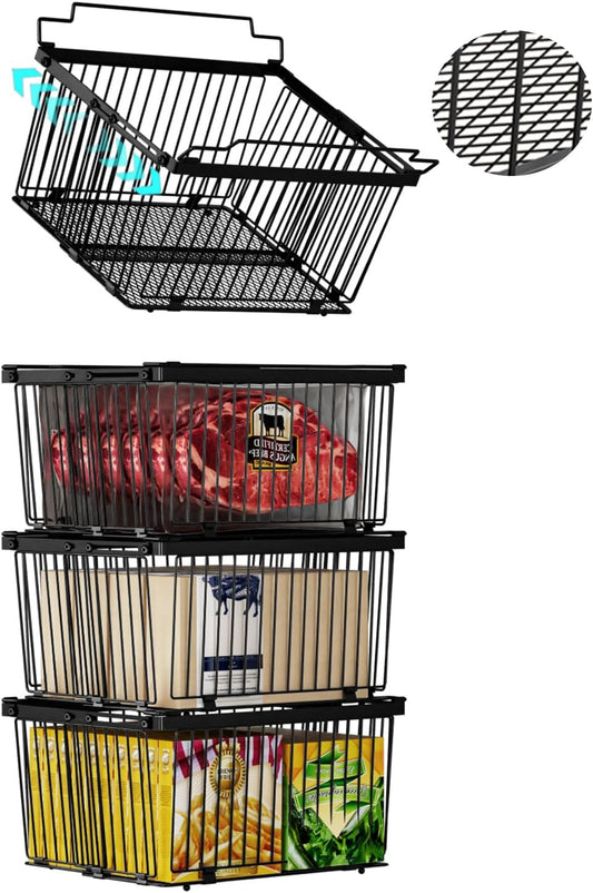 Large Freezer Organizer Bins，Upgraded Bottom Leak-Proof net，Fit 5 to 9 Cu Ft Chest Freezer，4 Pack， Expandable Stackable Chest Freezer Containers with Handle (Black--4Pack)