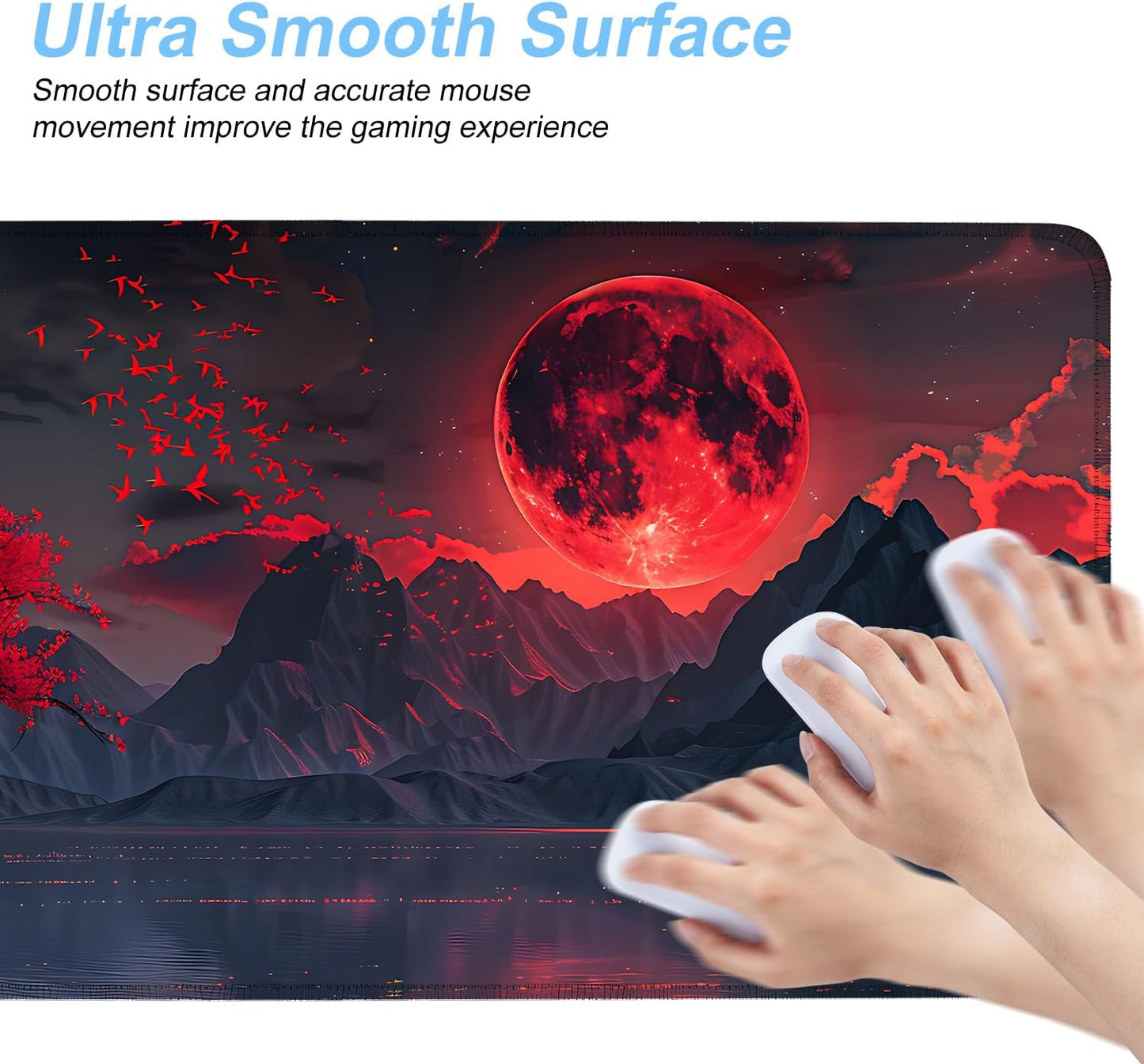 Red Moon Mouse Pad XXL – Large Gaming Desk Mat with Dark Mountain Landscape & Sakura Tree, Extended Mousepad with Non-Slip Base for Office, Gamer Setup,31.5 x 11.8 in