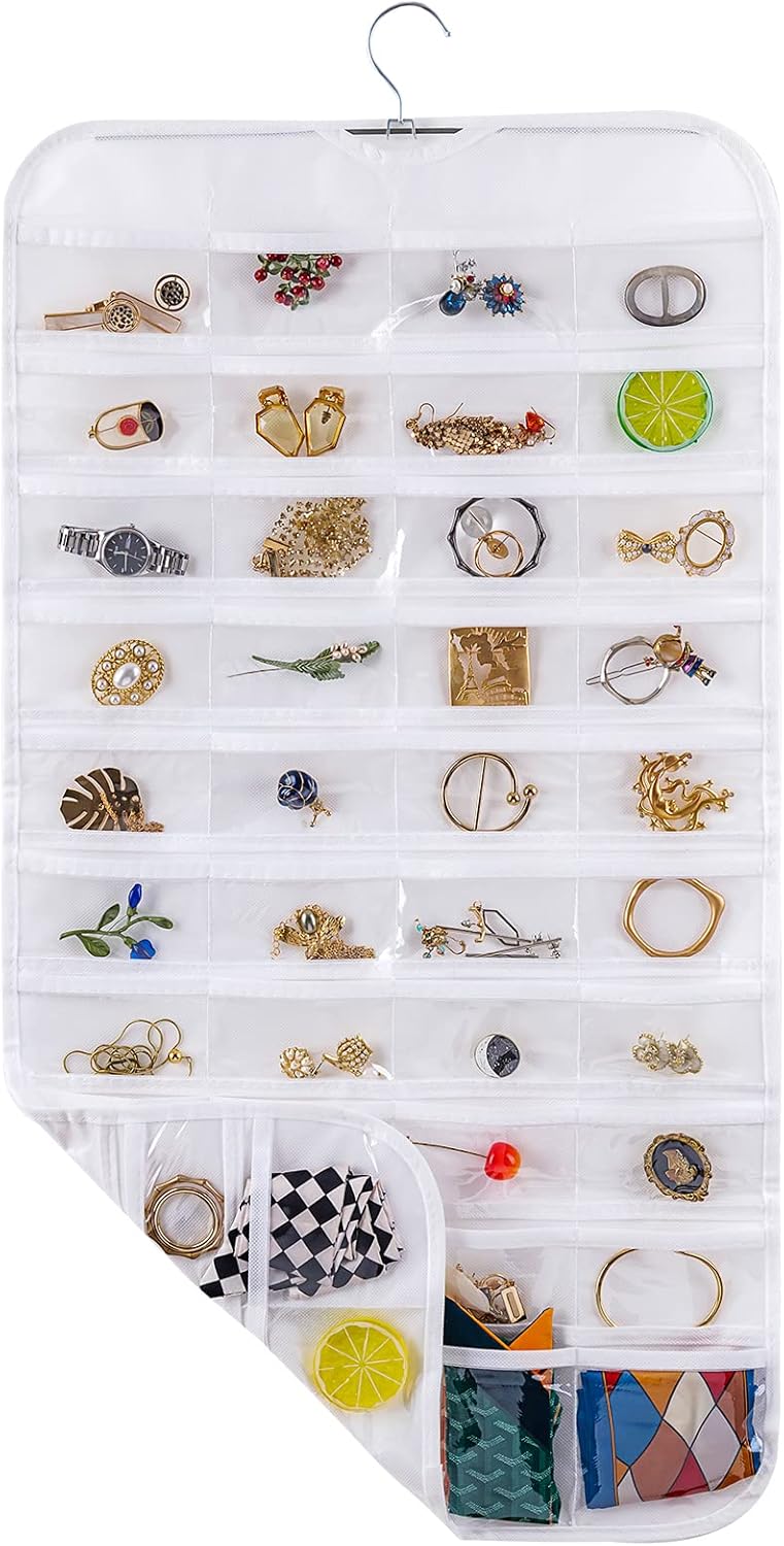 Bloss Hanging Jewelry Organizer With 80 Pockets Double-Side Dating Gifts Jewelry Storage Hanger For Accessories Jewelry Earring Holder Storage for Closet,Wall, Door, Travel-White