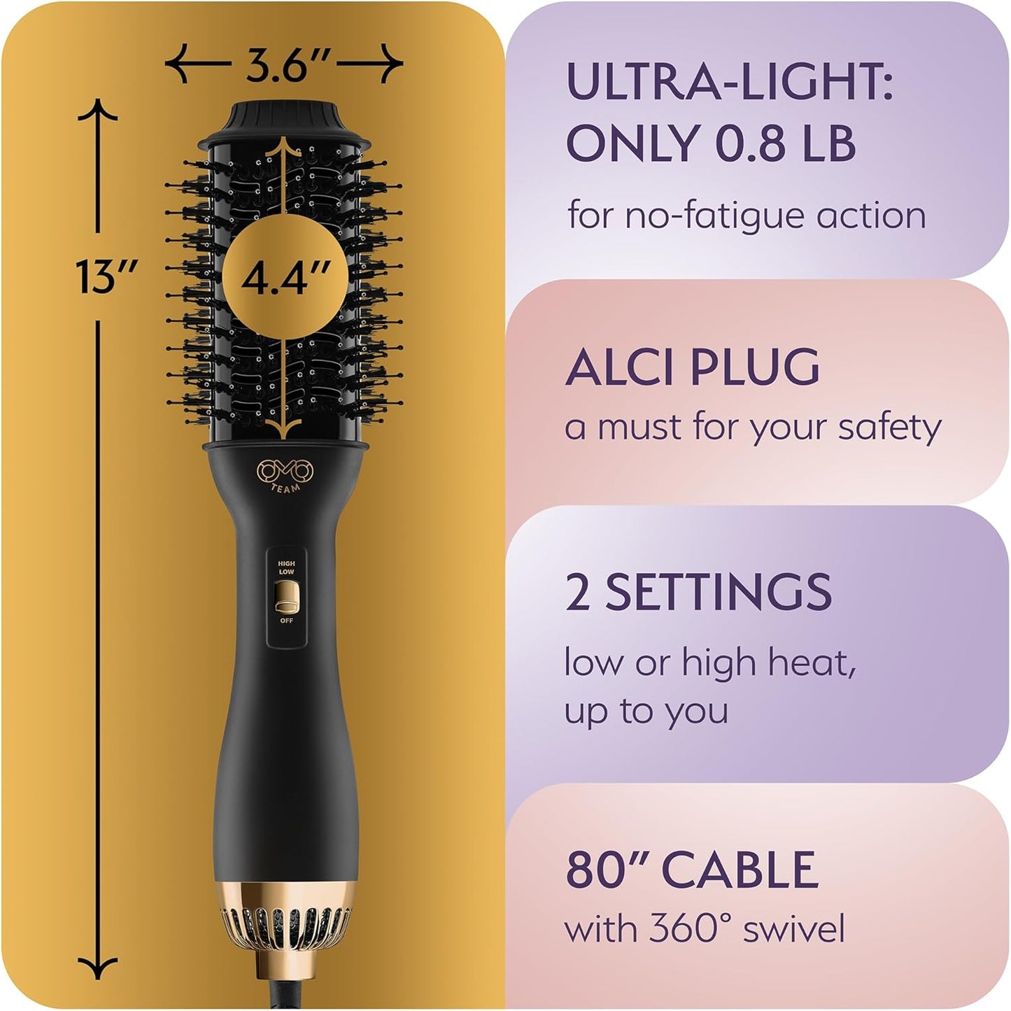 Professional Dual Voltage Blowout Hair Dryer Brush for European Travel 110V-120V/220V-240V, Black Gold Dryer and Volumizer, Hot Air Brush for Women, 2.4 INCHES Oval Shape