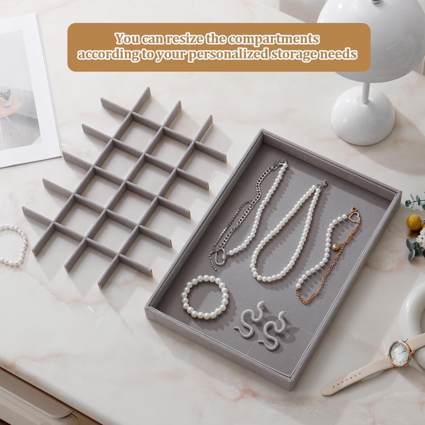 Large Jewelry Organizer for Drawer Insert Velvet Stackable Jewelry Trays for Earring Necklace Bracelet Ring Display (Gray, 24 Grids)