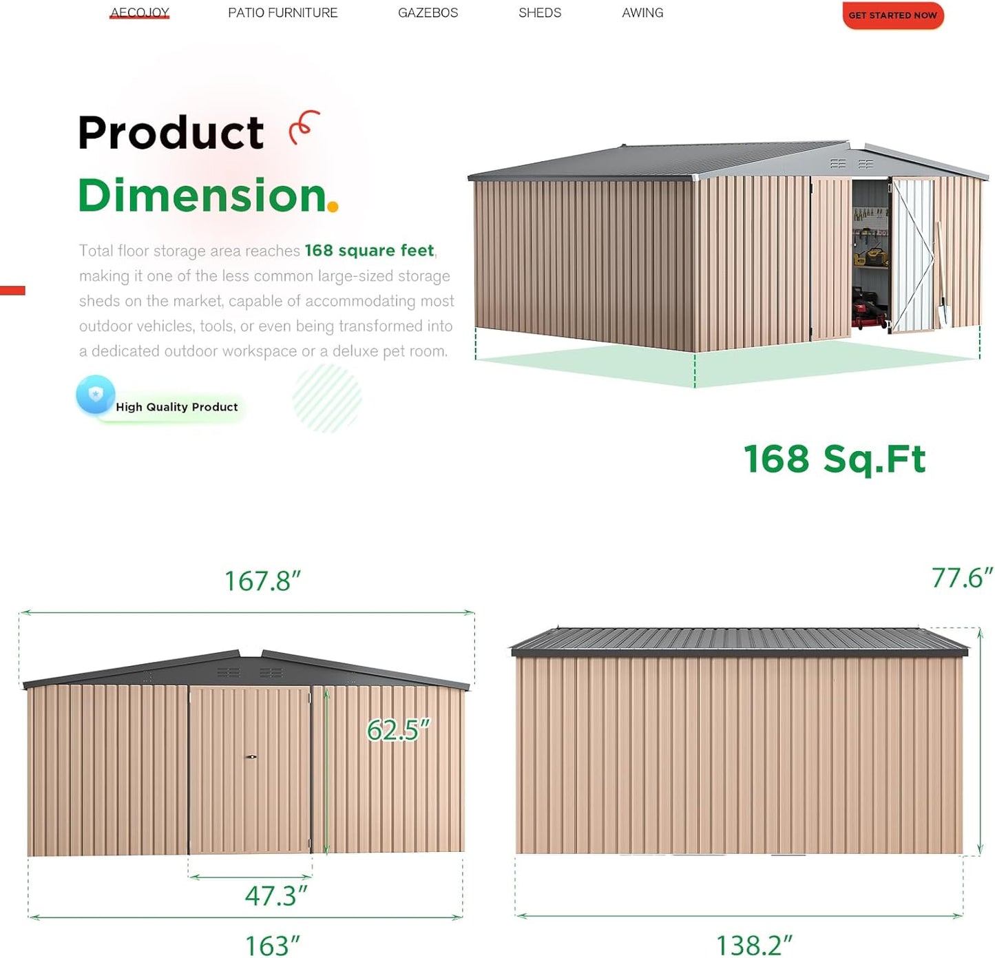 AECOJOY 12' x 14' Shed Outdoor Metal Storage, Large Storage Sheds & Outdoor Storage Clearance 14' x 12', Large Steel Yard Shed, Tool Storage for Garden, Backyard, Patio, Outside use in Grey