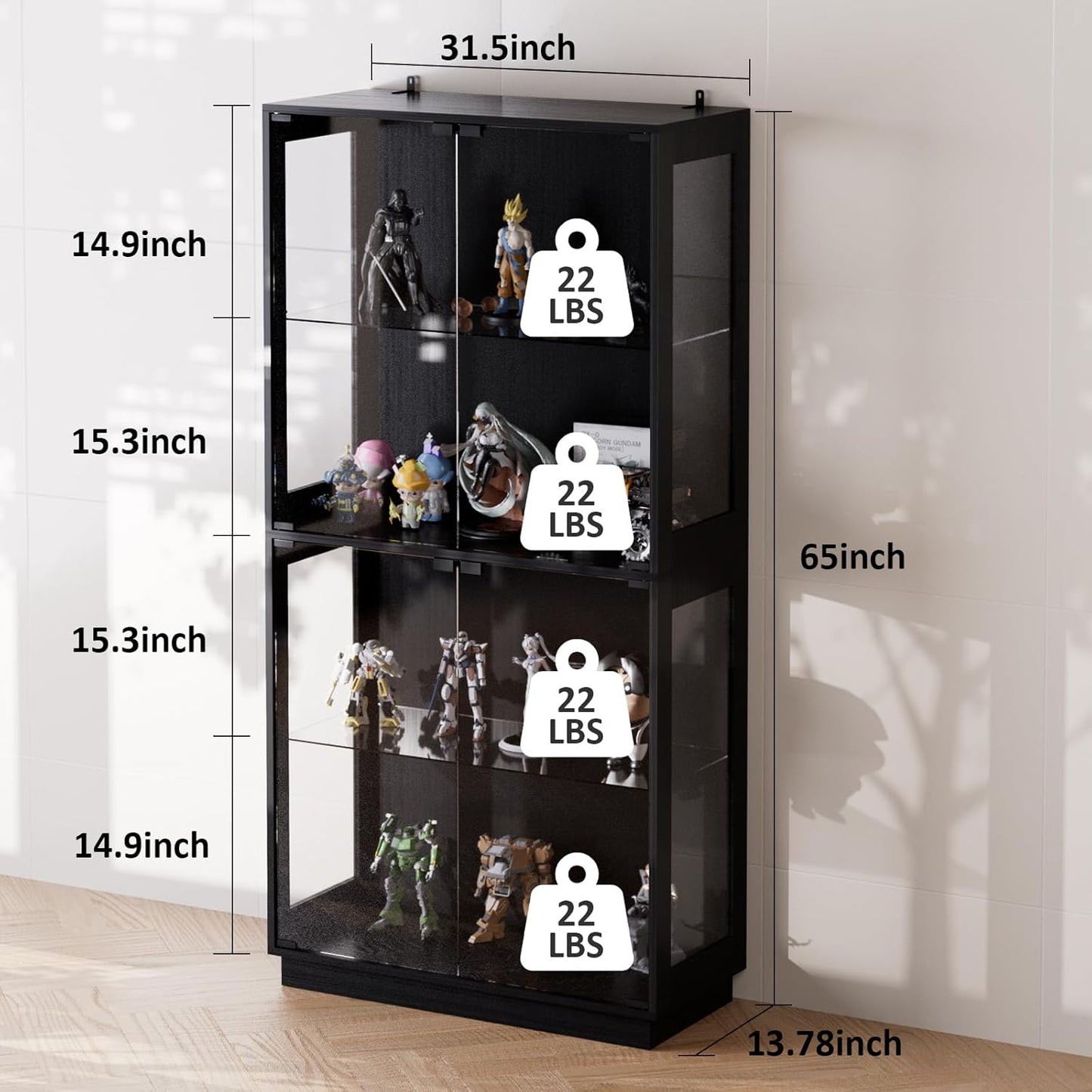 Display Cabinet with Glass Doors 4 Tier Glass Display Case with RGB LED Lights Display Cases for Collectibles Adjustable Shelves Display Case, for Game Room, Living Room, Bedroom, Black