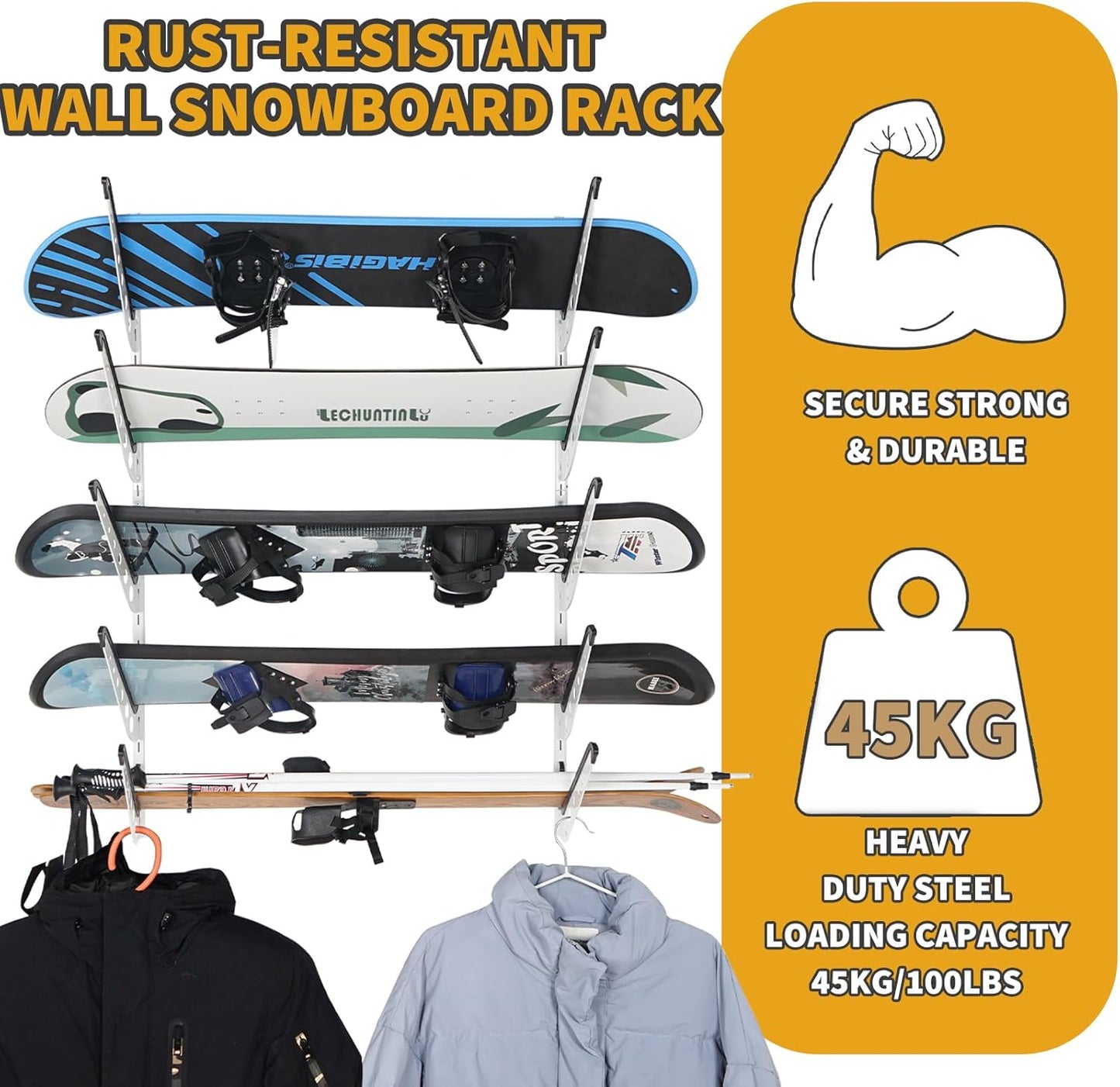 Snowboard Wall Racks, Adjustable Storage Rack for Ski, Surfboard, Wakeboard, Snowboard Wall Mount Display, White/Black