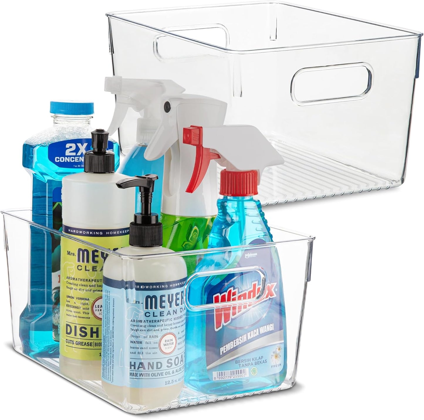 primebox Plastic Food Storage 2 Pack Clear Container Bin with Handles for Organizing Kitchen, Pantry, Refrigerator, Freezer, Pantry, Cabinet, Closet, Bathroom. 10”x7.5”x5.3”