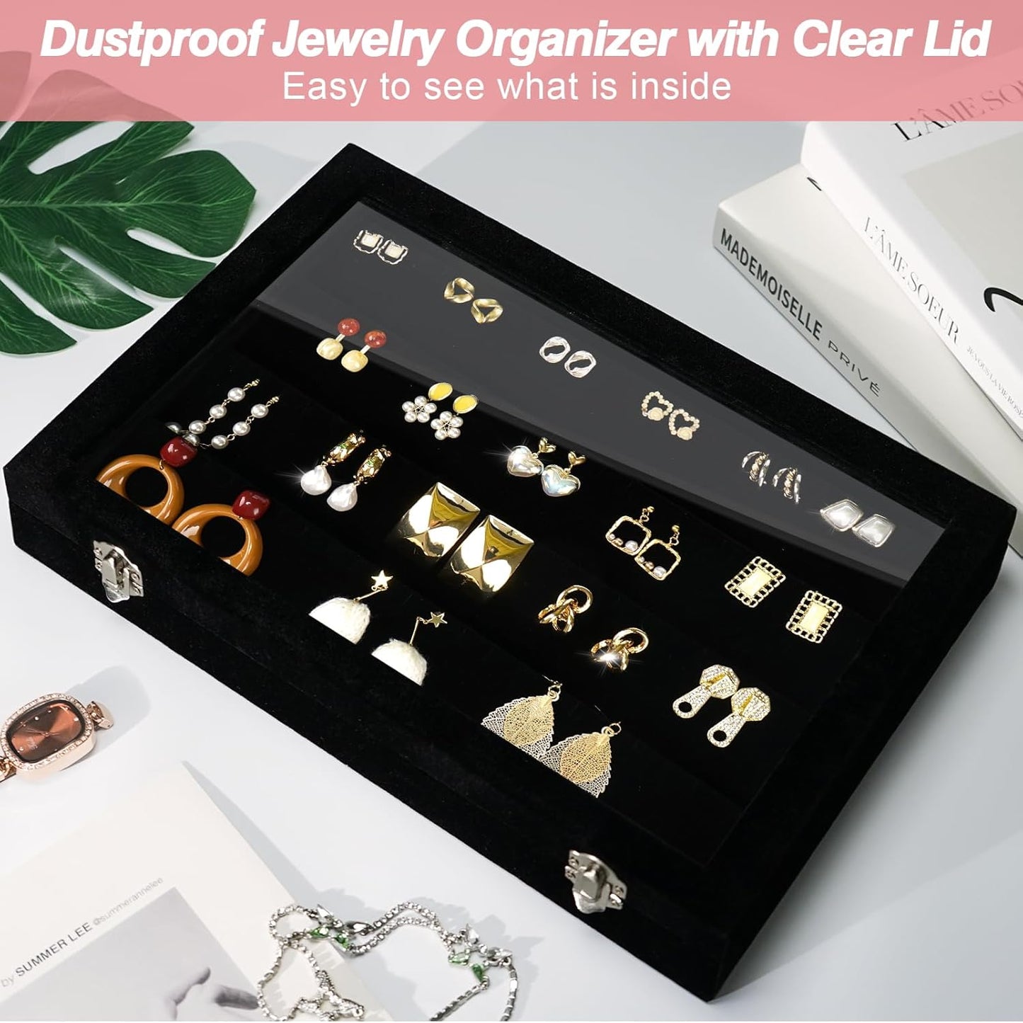 Cirhy Earring Organizer Tray, Earring Box with Clear Lid 80 Slots Velvet Drawer,Earring Tray with Lock, Jewelry Display Case for Women Girls, Black