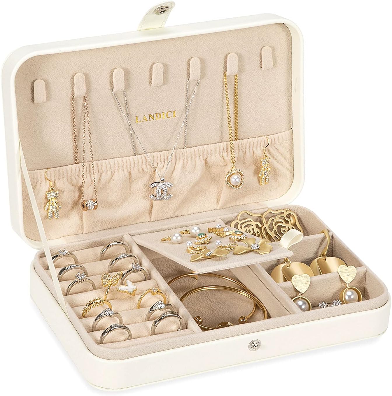 LANDICI Small Jewelry Box for Women Girls, PU Leather Travel Jewelry Case, Portable Jewelry Organizer Storage Holder Display for Ring Earrings Necklace Bracelet Bangle Men Kids Gift, White