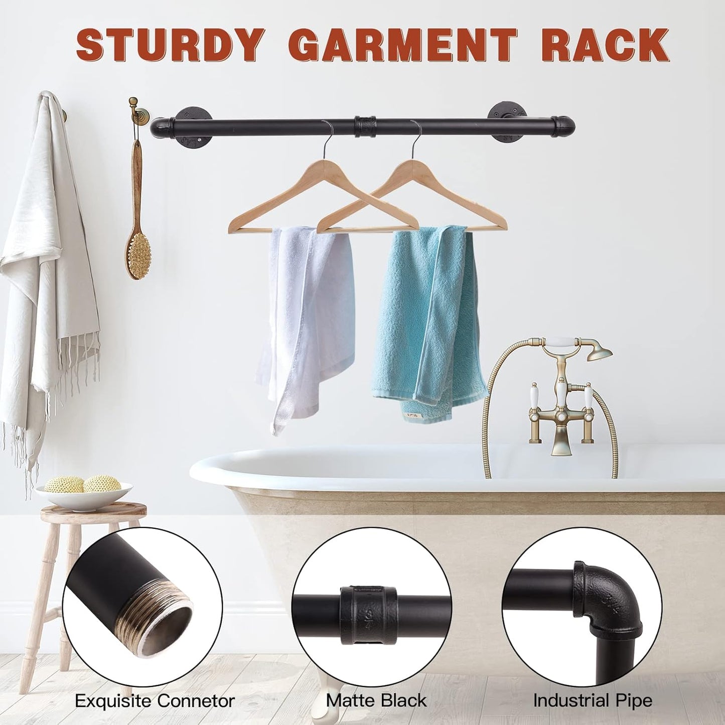Wall Mounted Clothes Rack - 36" Industrial Pipe Clothing Garment Rack, Space - Saving Heavy Duty Detachable Black Iron Clothes Organizer, Multi-Purpose Hanging Rod for Closet Storage, 2 Base