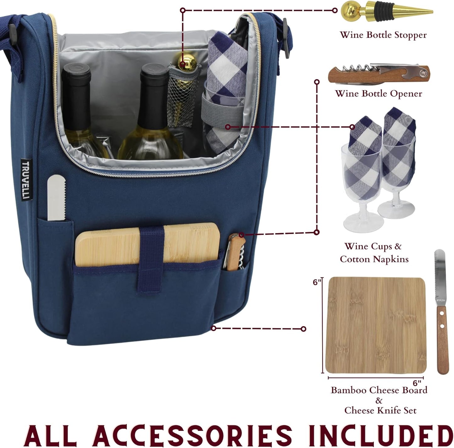 Truvelli Plush Picnic Premium Wine Bag, 7-in-1 Insulated 2 Bottle Wine Carrier Tote, Wine & Cheese Cooler Bag, Great Gifts for Wine Lovers (Deep Blue)