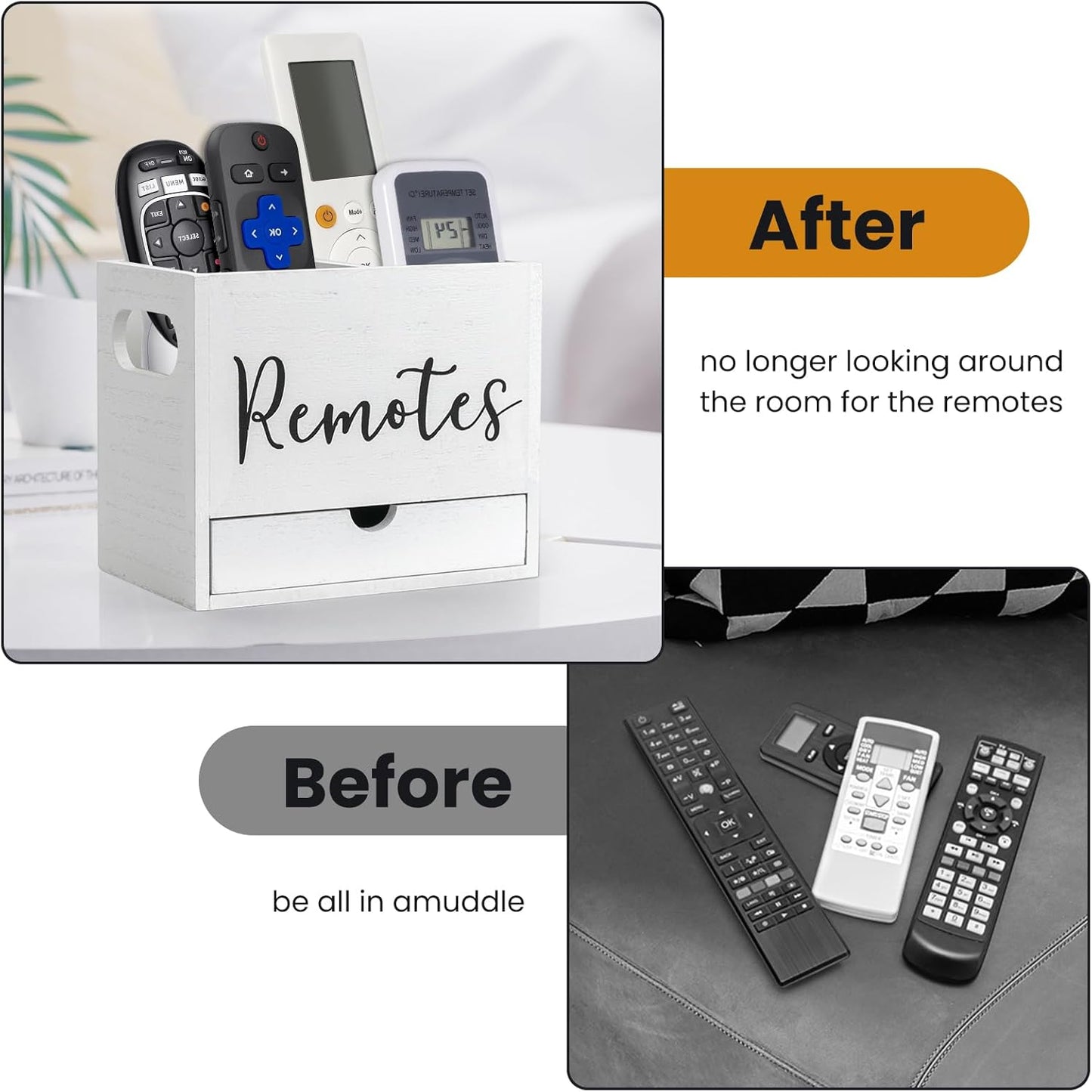 Remote Control Holder, 2 Slot Wooden TV Remote Holder for Table, Remote Box Desk Organizer with Drawers for Home Nightstand Office Supplies (White)