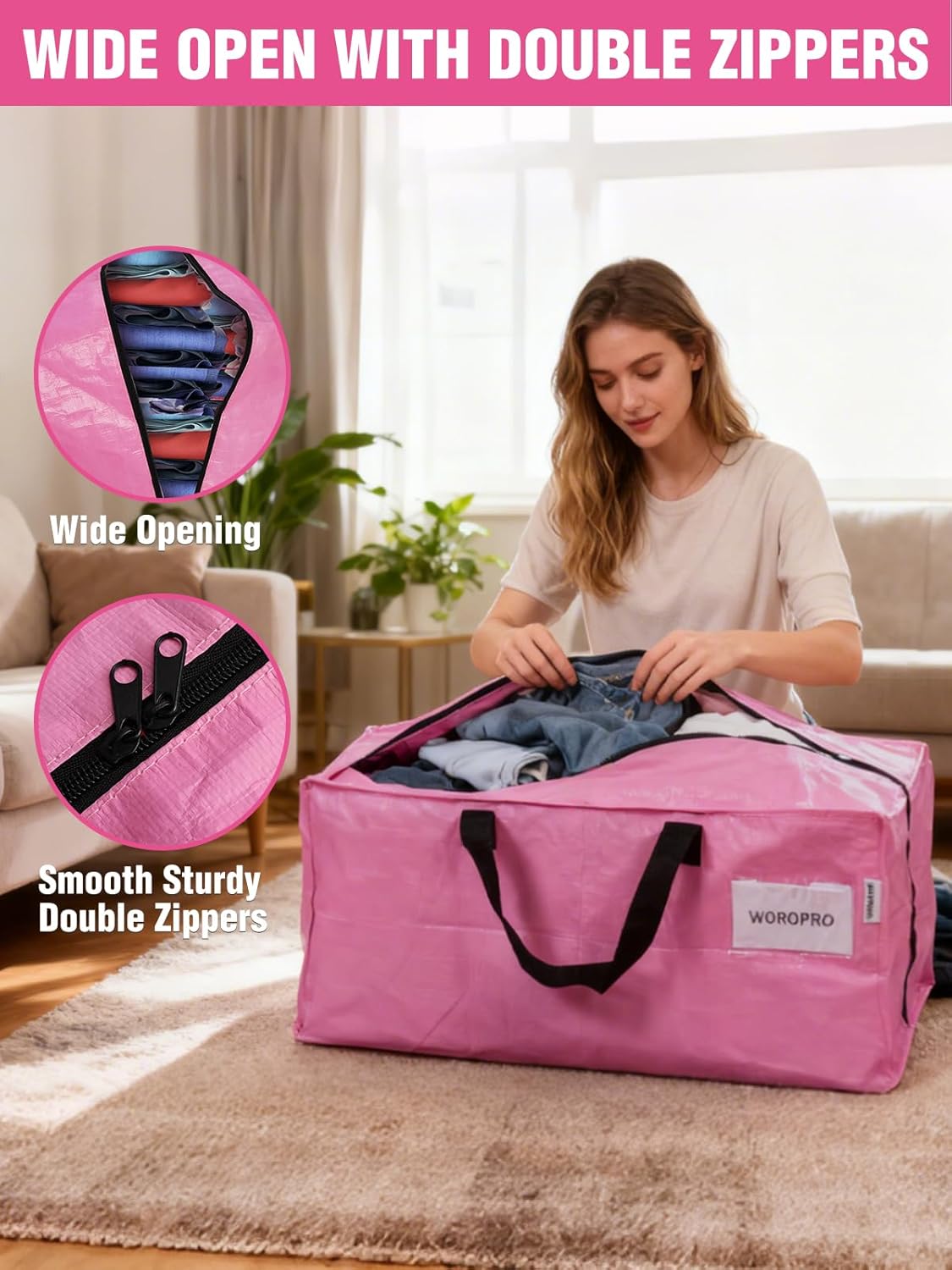 WORKPRO 4 Pack Extra Large Moving Bags with Zippers & Carrying Handles Backpack Straps, Heavy-Duty Storage Tote for Space Saving Moving Storage (Pink)