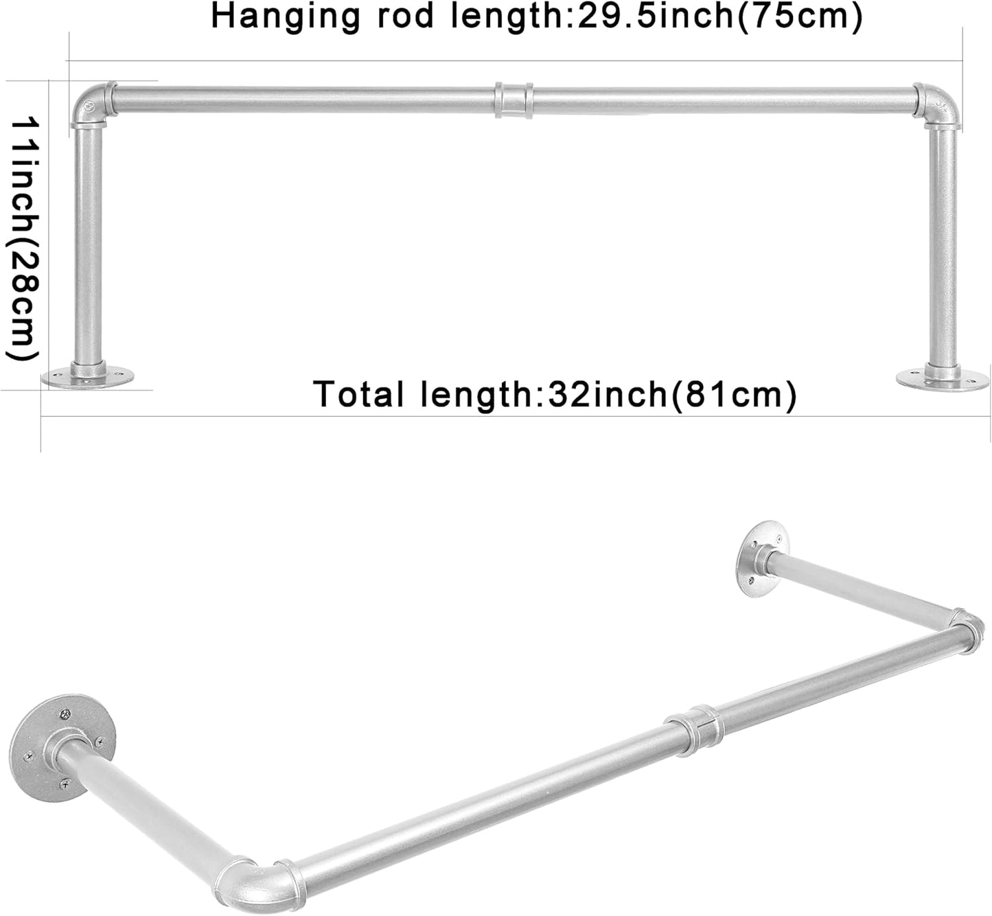 WEBI Industrial Pipe Clothing Rack,32" Wall Mounted Clothes Rack for Hanging Clothes,Heavy Duty Metal Garment Rack Bar Wall Mount Clothing Rod for Closet,Laundry Room,Silver,2 Packs