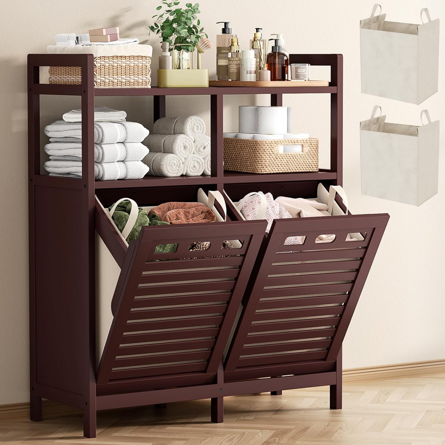 Homykic Tilt Out Laundry Hamper Cabinet, Bamboo Double Laundry Hamper with 2 Removable Laundry Baskets, 20 Gal Laundry Sorter Organizer with Shelf for Dirty Clothes, Bathroom, Laundry Room, Espresso