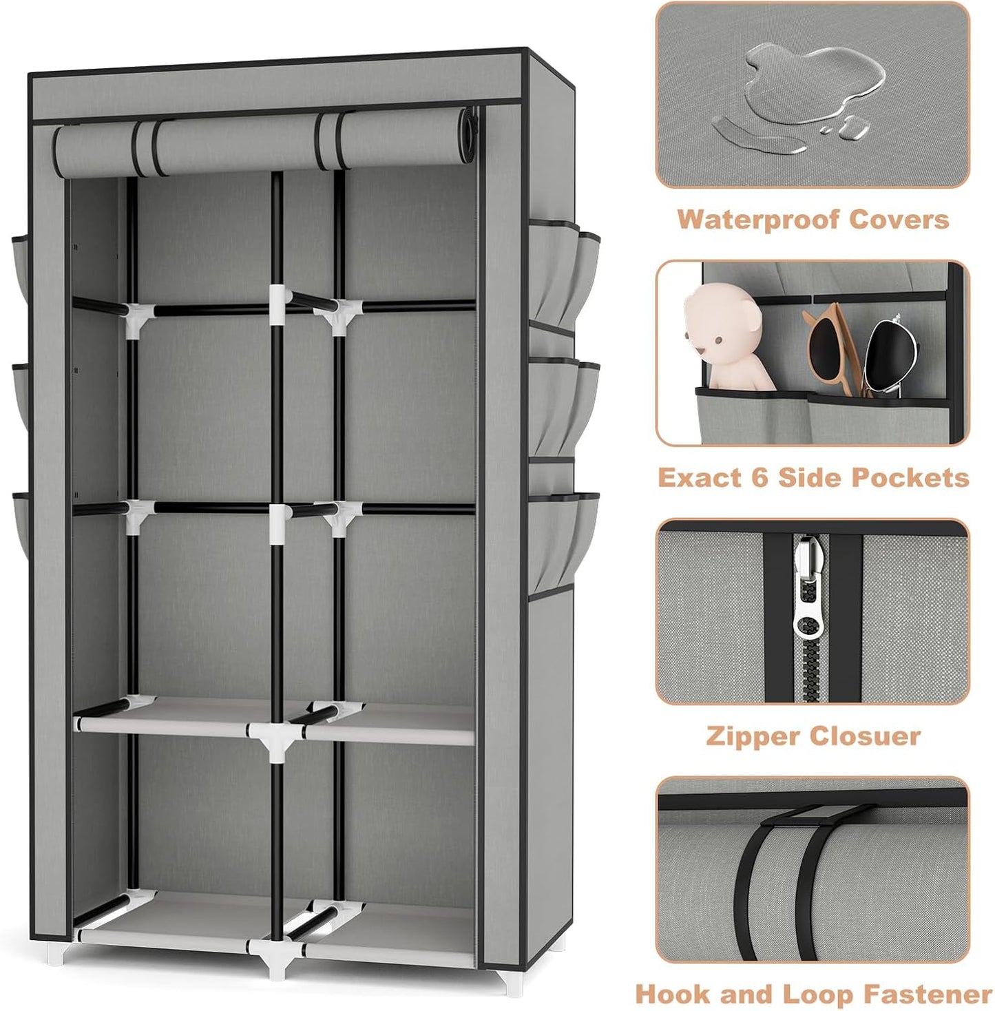 VTRIN Portable Closet Wardrobe for Hanging Clothes with 4 Storage Shelves, 2 Hanging Rods and 6 Pockets, Stable and Easy Assembly Clothes Rack with Cover Free Standing Closet for Bedroom, Grey
