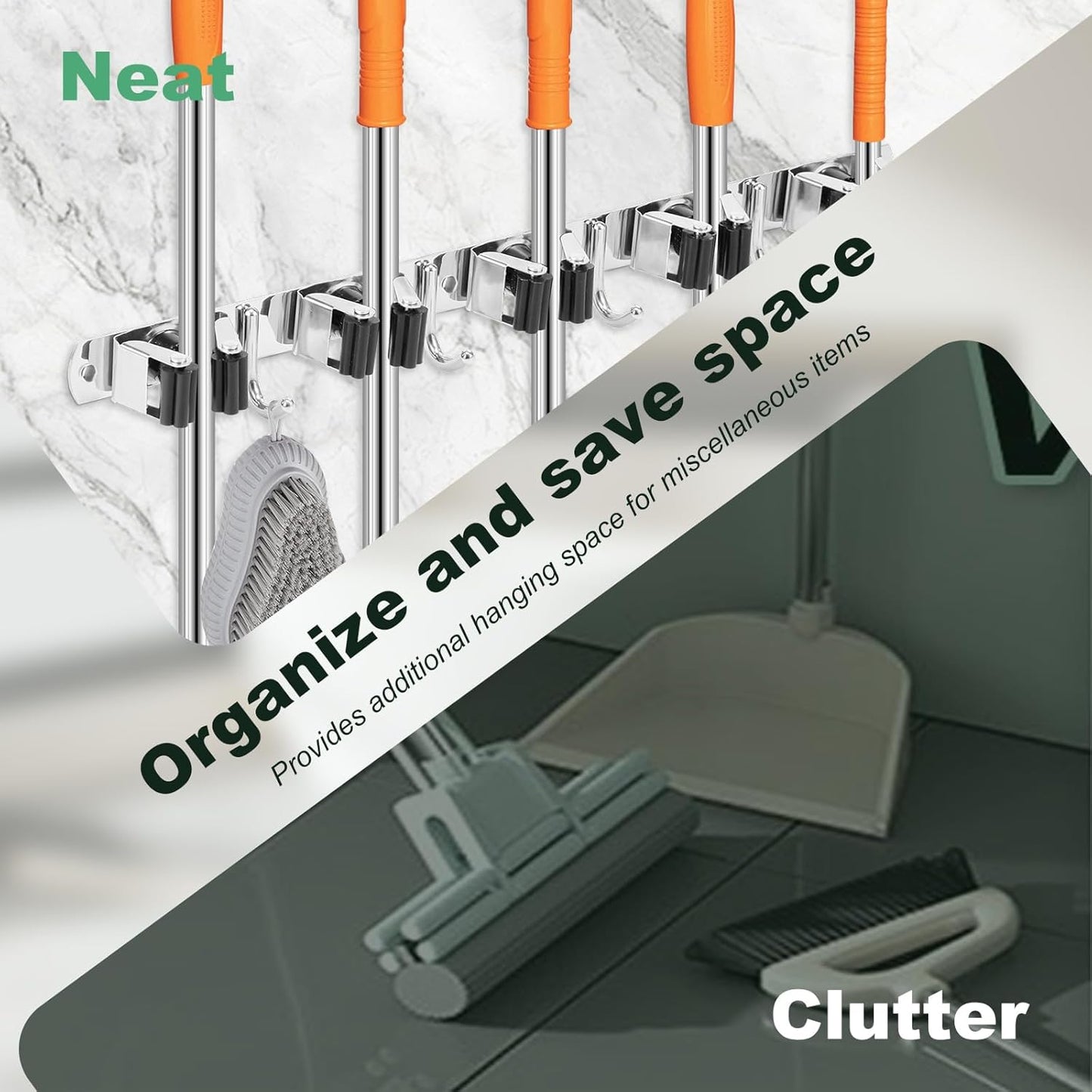 3 Pack Broom Holder Wall Mount 5 Racks 4 Hooks Stainless Steel Broom Mop Holder Anti Slip Storage Rack Strong Load Bearing Waterproof Broom and Mop Organizer Wall Hanging for Bathroom Kitchen Garage
