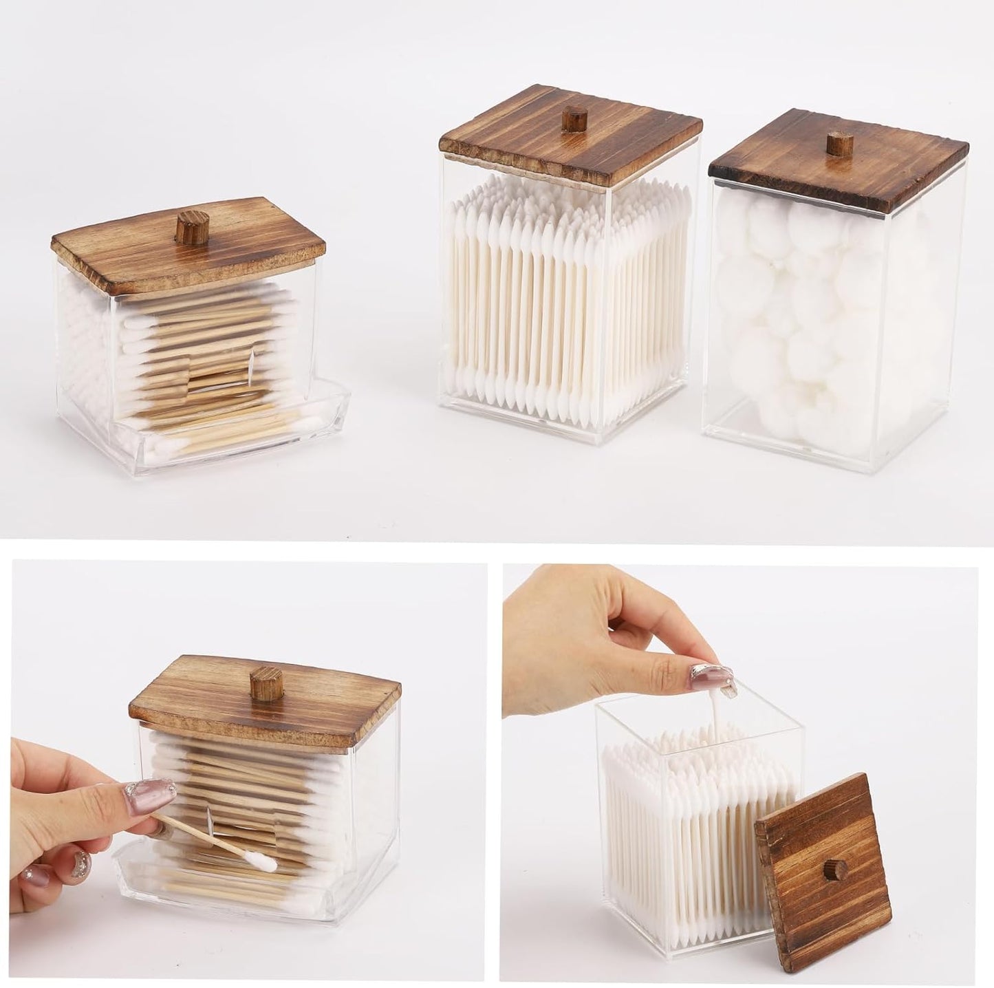 Tbestmax Bathroom Organizer Accessories Set-12/7 oz Qtips Holder Storage, Clear Cotton Ball/Swabs Dispenser, Plastic Square Apothecary Jars with Brown Wood Lids