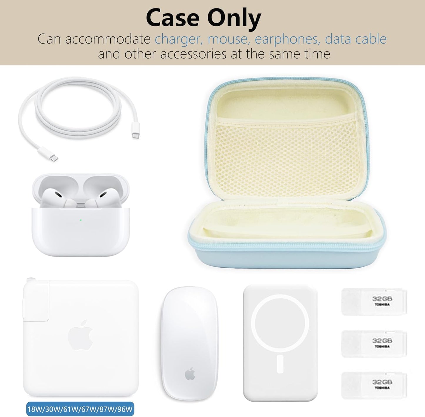 Charger Case for Macbook, Portable Tech Electronic Organizer Bag,Travel Storage Pouch for Laptop Accessories, MacBook Power Adapter, Charging Cords, USB Drives, Power Bank (Blue, L)