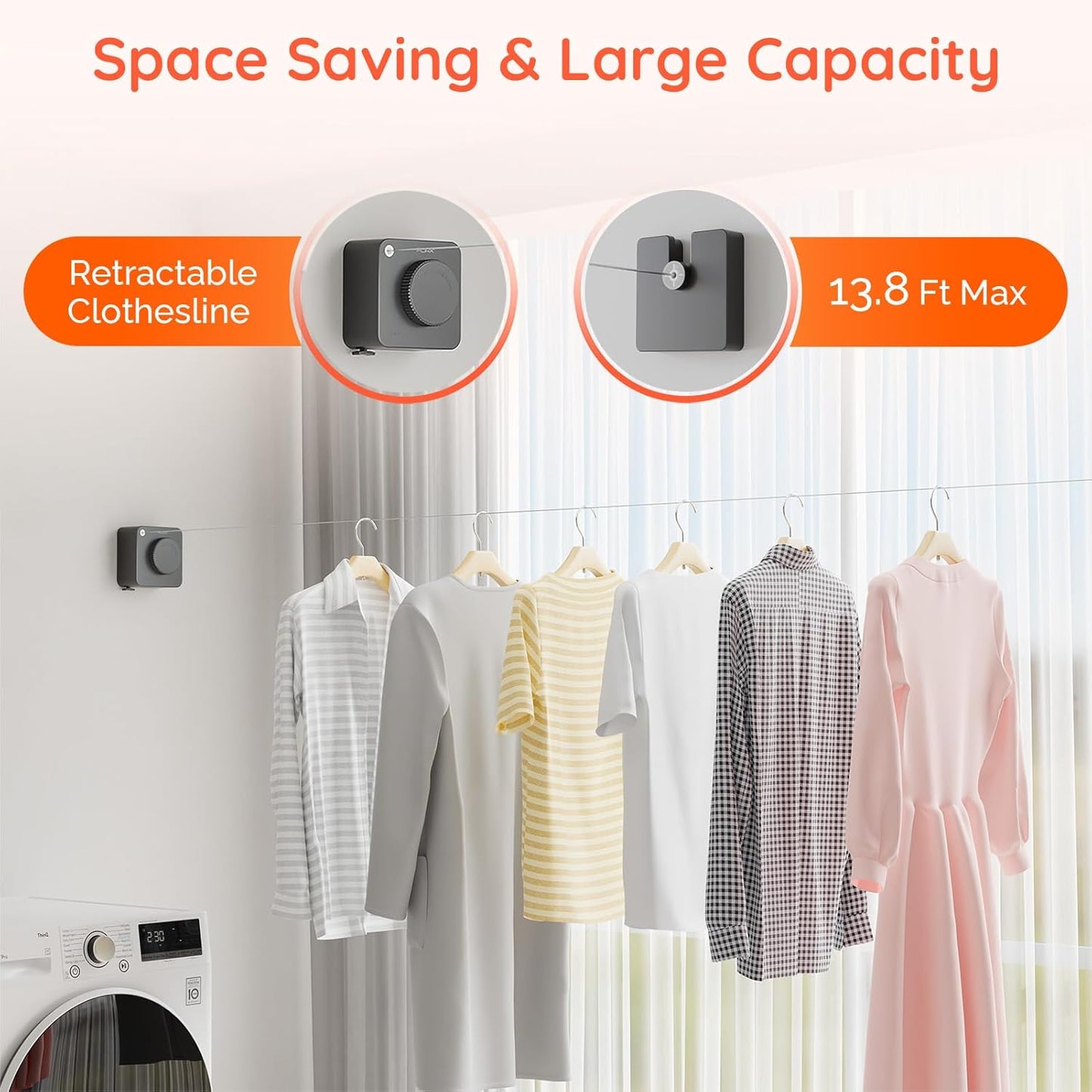 Retractable Clothesline Indoor, Non-Sagging Outdoors Clothesline Retracting, Heavy Duty Retractable Clothes Drying Laundry Line, Wall Mounted Stainless Steel Line - 13.8 Ft (Gray)