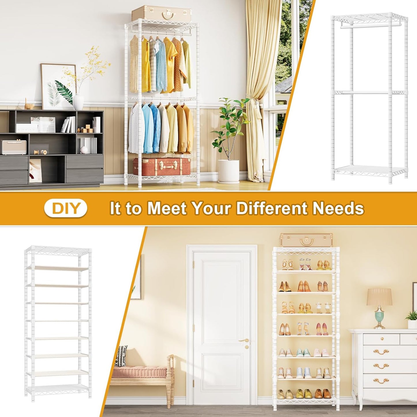 E16 Heavy Duty Clothing Rack（With 7-Tier Adjustable Shoe Rack） Freestanding Clothes Rack for Hanging Clothes，Metal Closet Storage Organizer Large Wardrobe，69'' W x 15.8'' D x 76.2'' H，White