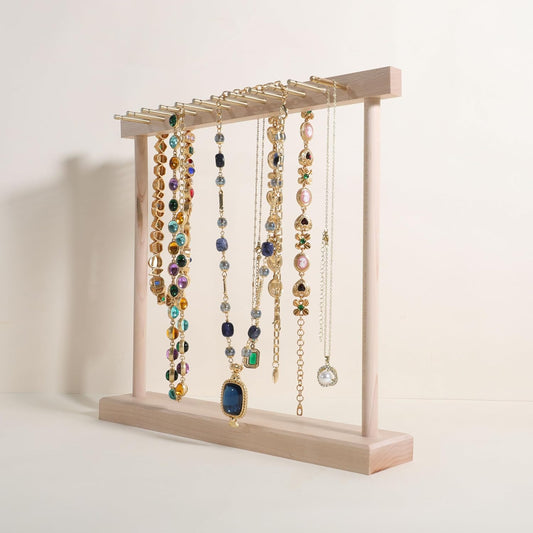GemeShou Medium necklace hanger shelf with 12 copper bars, Wooden jewelry storage organizer rack for hanger necklace bracelet, necklace display stand for boutique store【Maple】