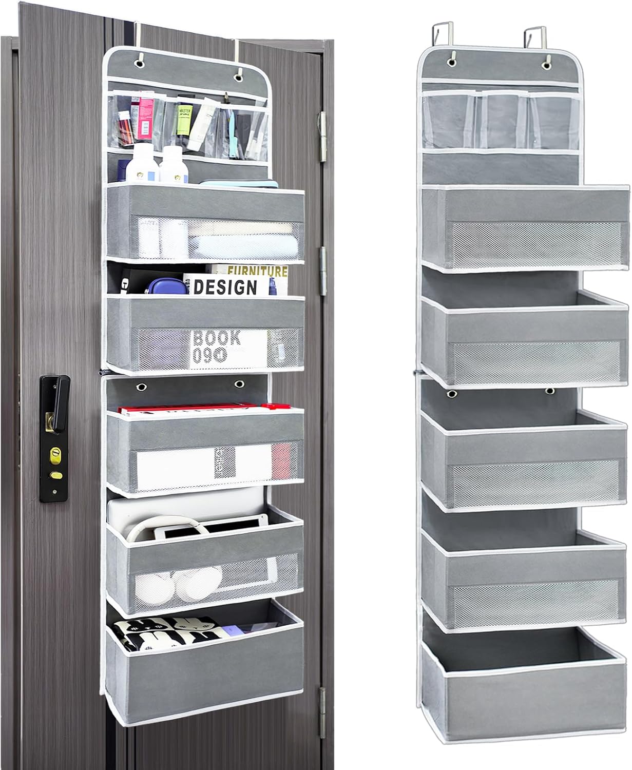 Over The Door Organizer Storage, 6 Shelf of Reinforcement Anti-Tilt Can Bear 44lb Bathroom Organization and Storage, Suitable for Bedroom, Pantry, Kitchen, Grey