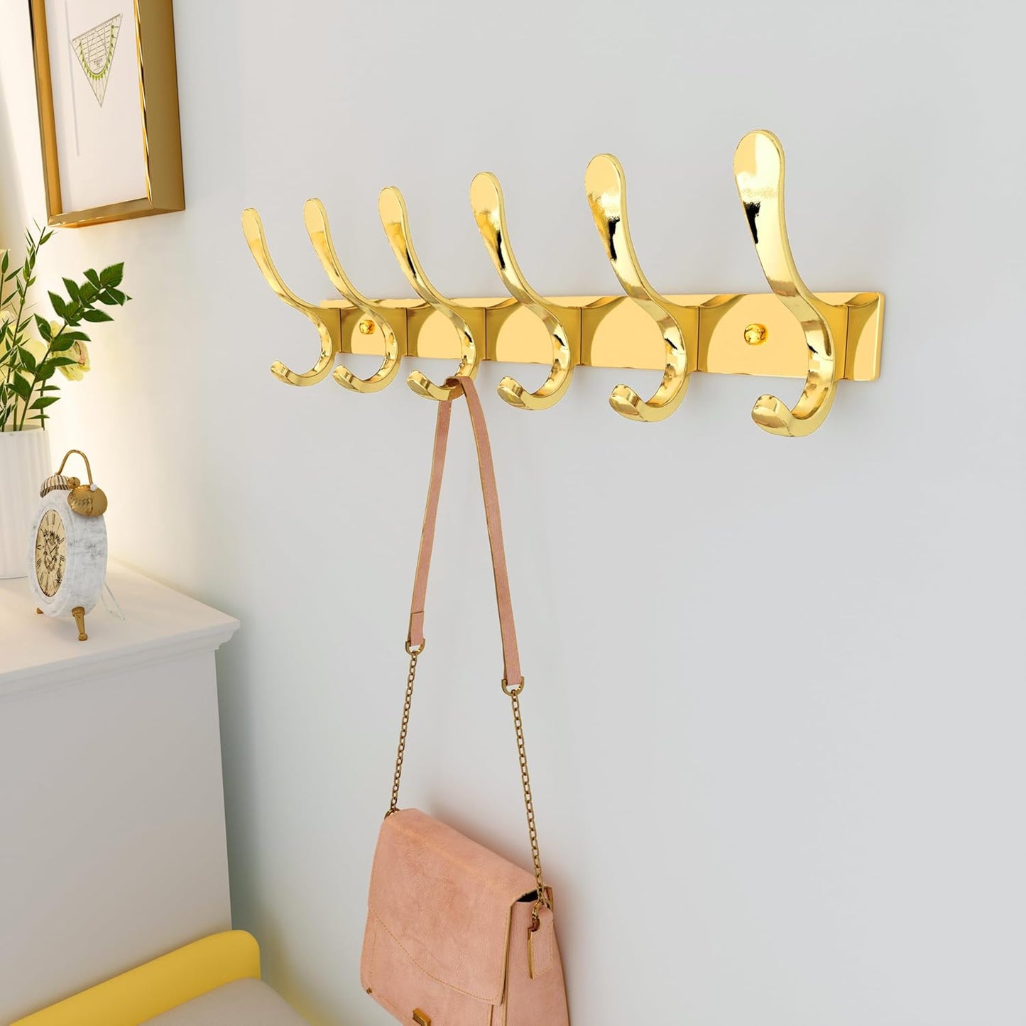 SKOLOO Coat Rack Wall Mounted - 6 Hooks, Pack of 2, Heavy Duty, Stainless Steel, Metal Wall Hangers, Sturdy Coat Hooks for Hanging Coats, Jacket, Clothes, Hat, Bright Gold