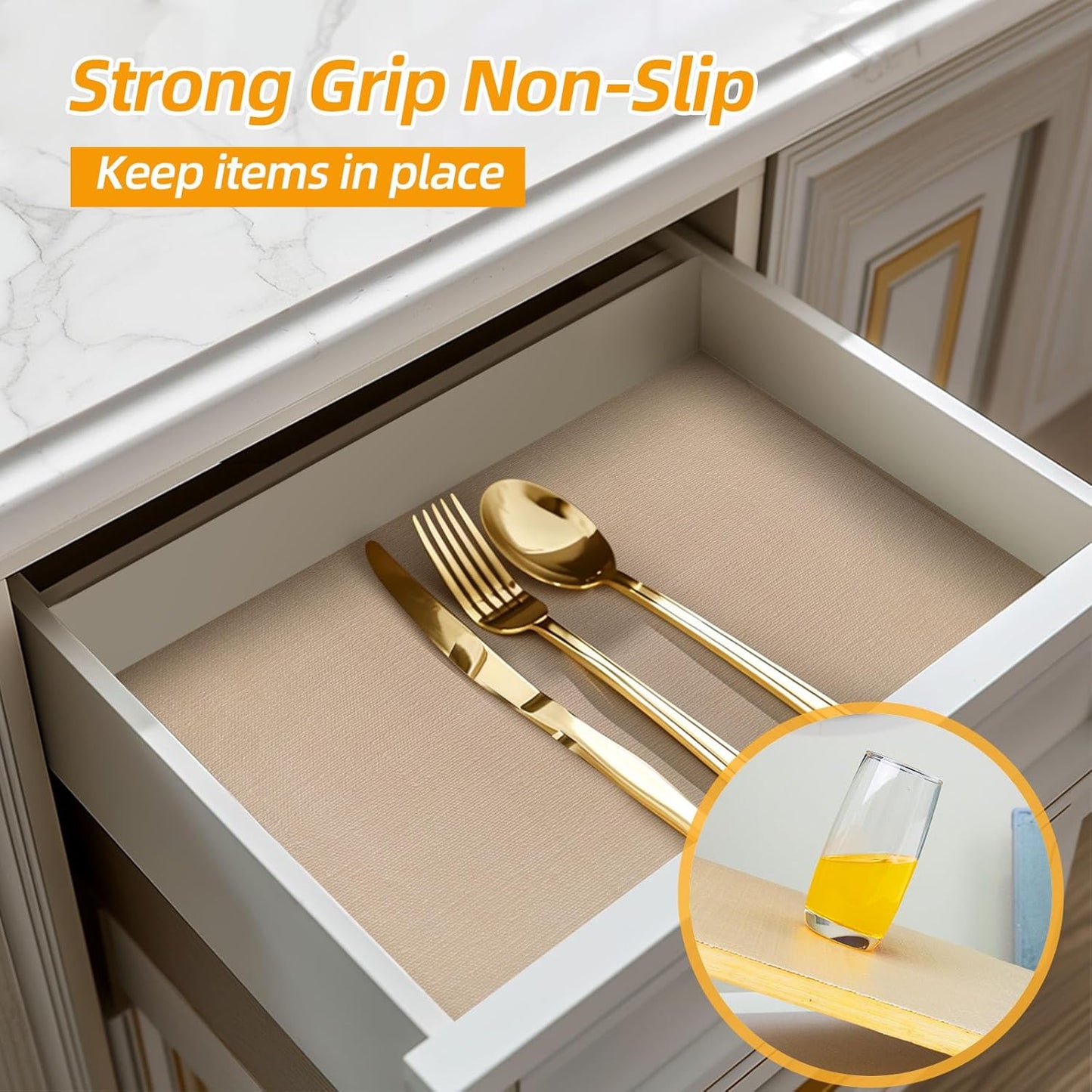 Shelf and Drawer Liner for Kitchen Cabinets Non-Adhesive, Strong Grip Non-Slip Thickened Cabinet Liners for Shelves, Waterproof Mats for Dresser Cupboard, Khaki, 12 in x 30 Feet