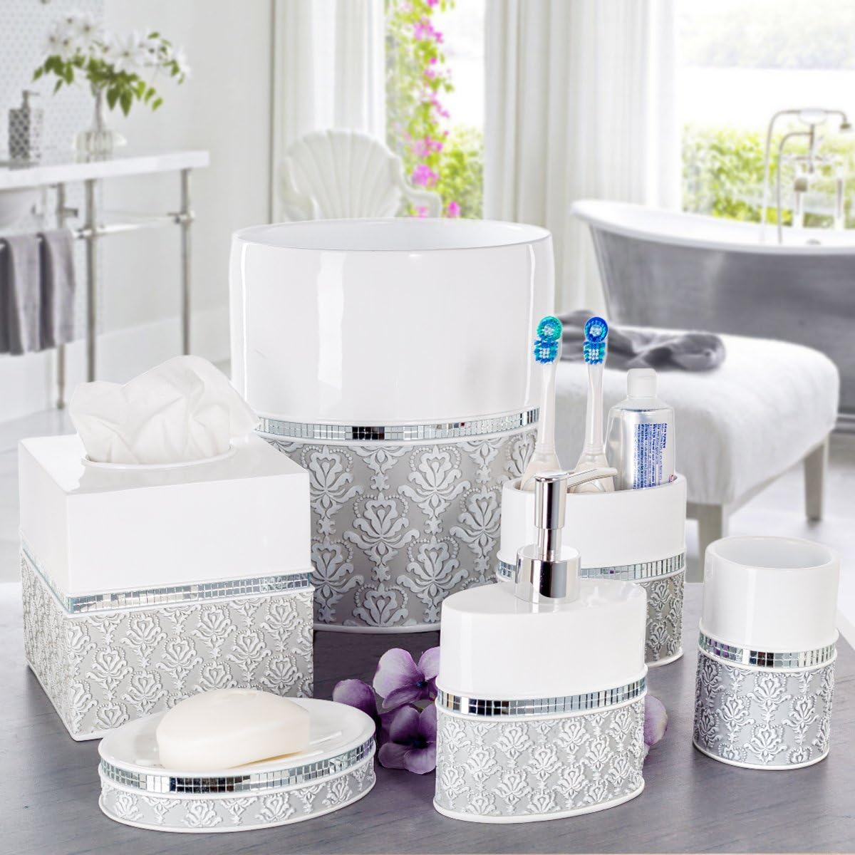 Creative Scents Mirror Damask Grey and White Soap Dispenser, Decorative Hand Soap Dispenser for Bathroom - Modern Countertop Lotion Dispenser with Durable Pump for Elegant Bathroom Decor