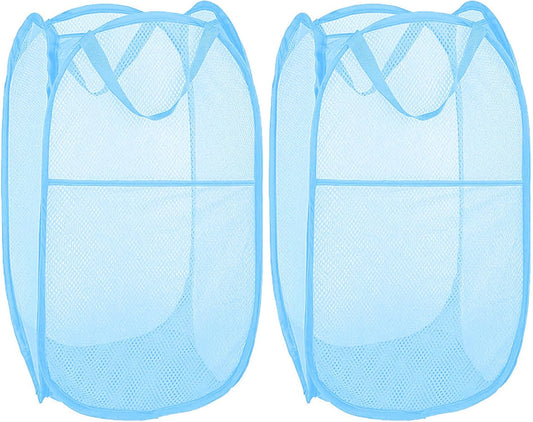 Larpur Pack of 2 Pop up Laundry Hampers, Collapsible Laundry Baskets, Portable Mesh Clothes Hampers for Kids Room, College Dorm, Bathroom, Foldable Hamper with Carry Handles, Sky Blue