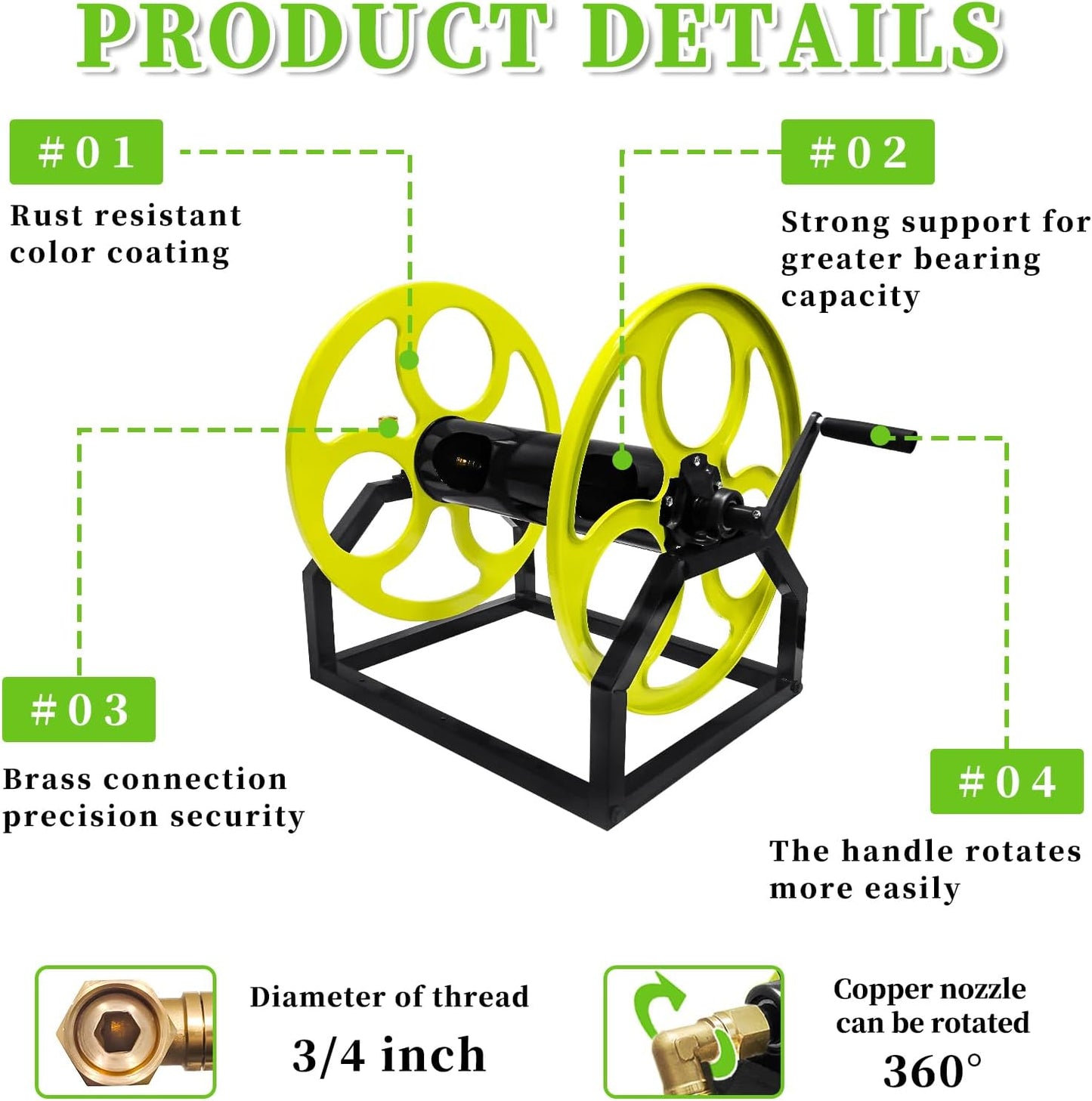 Garden Hose Reel Heavy Duty ，for 5/8" Hose Reel with Crank Handle Retractable, Wall/Floor Mount Metal Hose Reel, Holds up to 300-Feet.（Hose not included）