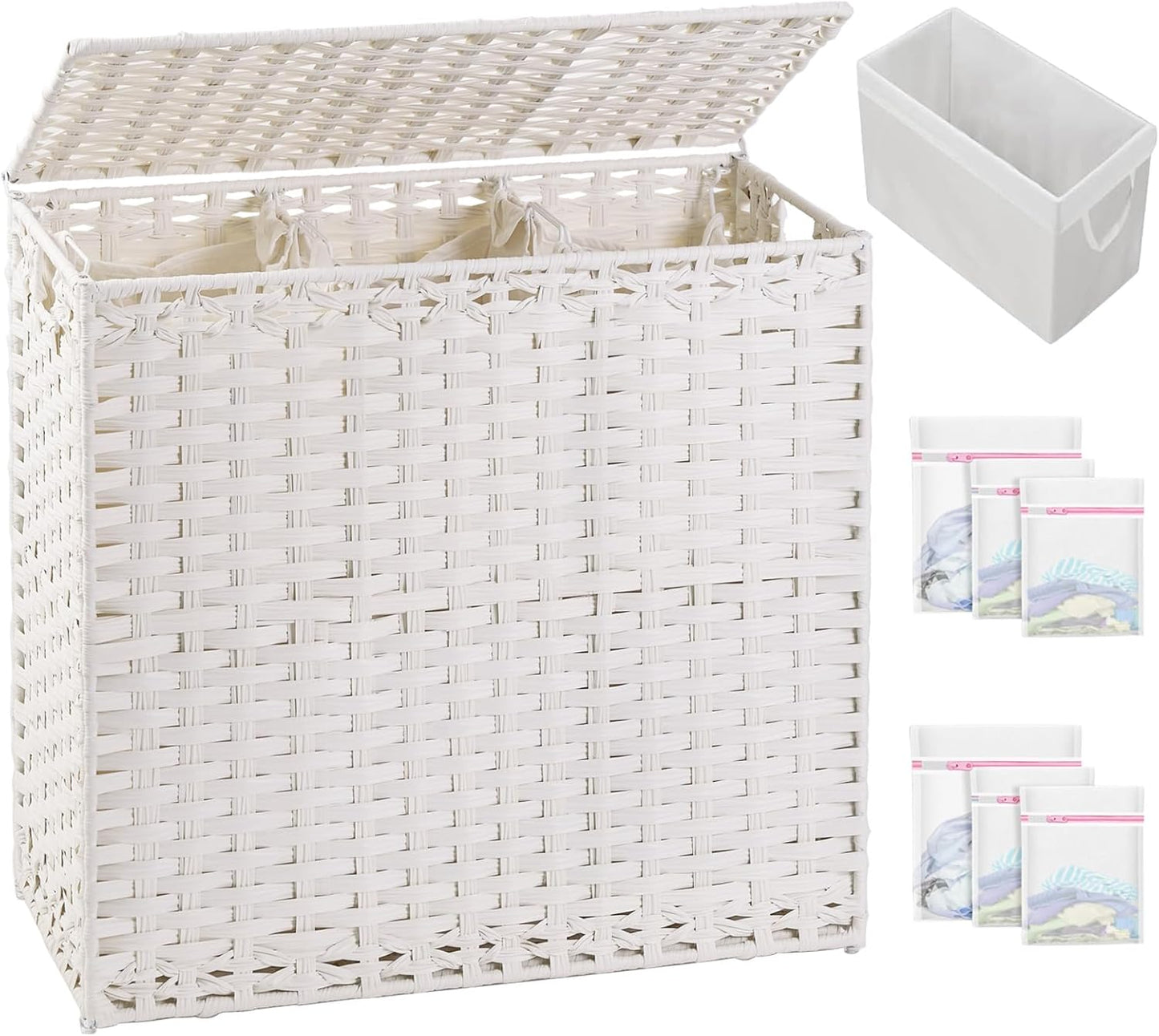Laundry Hamper with Lid Laundry Basket 132 L (35 Gal) Wicker Clothes Hamper, Handwoven Rattan Hamper with Handles and 4 Removable Liner Bags, 6 Mesh Bags for Laundry Bedroom White