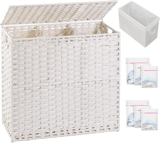 Laundry Hamper with Lid Laundry Basket 132 L (35 Gal) Wicker Clothes Hamper, Handwoven Rattan Hamper with Handles and 4 Removable Liner Bags, 6 Mesh Bags for Laundry Bedroom White