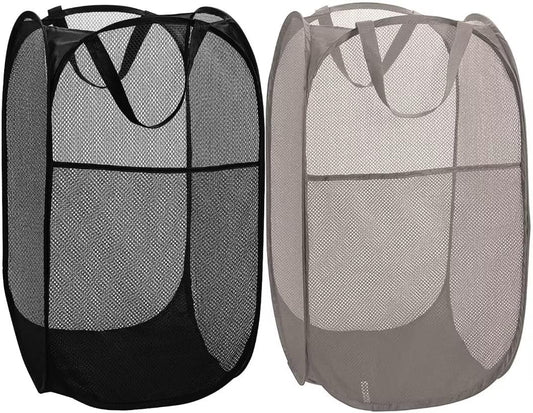 BATTOO Deluxe Strong Mesh Pop up Laundry Hamper Basket with Side Pocket Foldable Hamper for Laundry Room, Bathroom, Kids Room, College Dorm or Travel Black + Grey