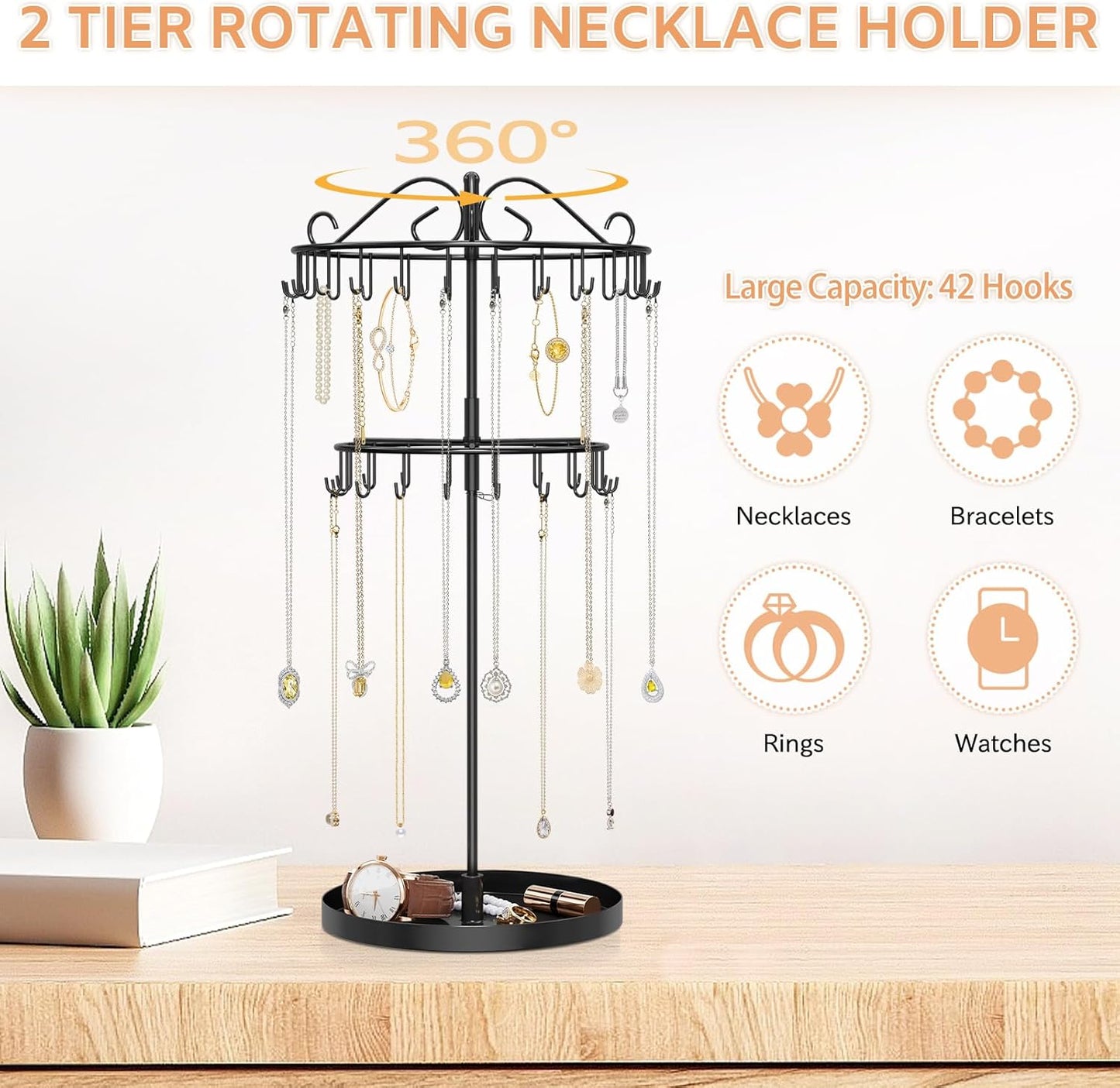 iDavosic.ly 2 Tier Rotating Necklace Organizer with Jewelry Tray, Adjustable Metal Necklace Holder with 42 Hooks, Extra Tall Bracelet Keychain Spinning Display Stand Tree Tower for Women, Black
