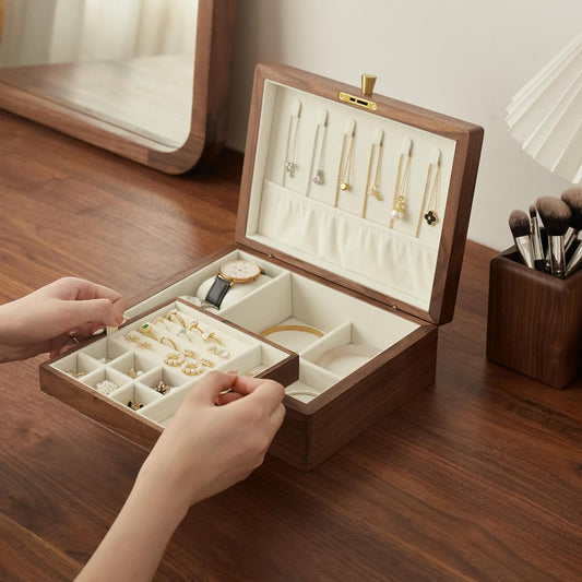 Solid Black Walnut Wood Jewelry Box With Velvet Lining,Personalized Ring and Necklace Box for Women and Girls,Brass Lock and Handle (With lock)